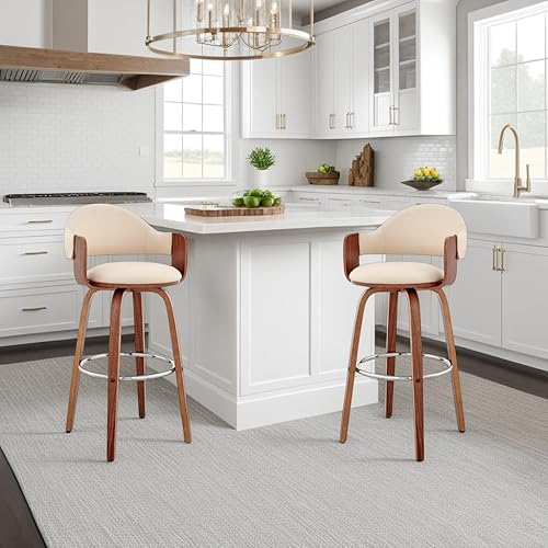 Miniatura 2 de Armen Living Daxton Taburete de bar giratorio moderno de mediados de siglo para encimera de isla de cocina en piel sintética crema y madera de