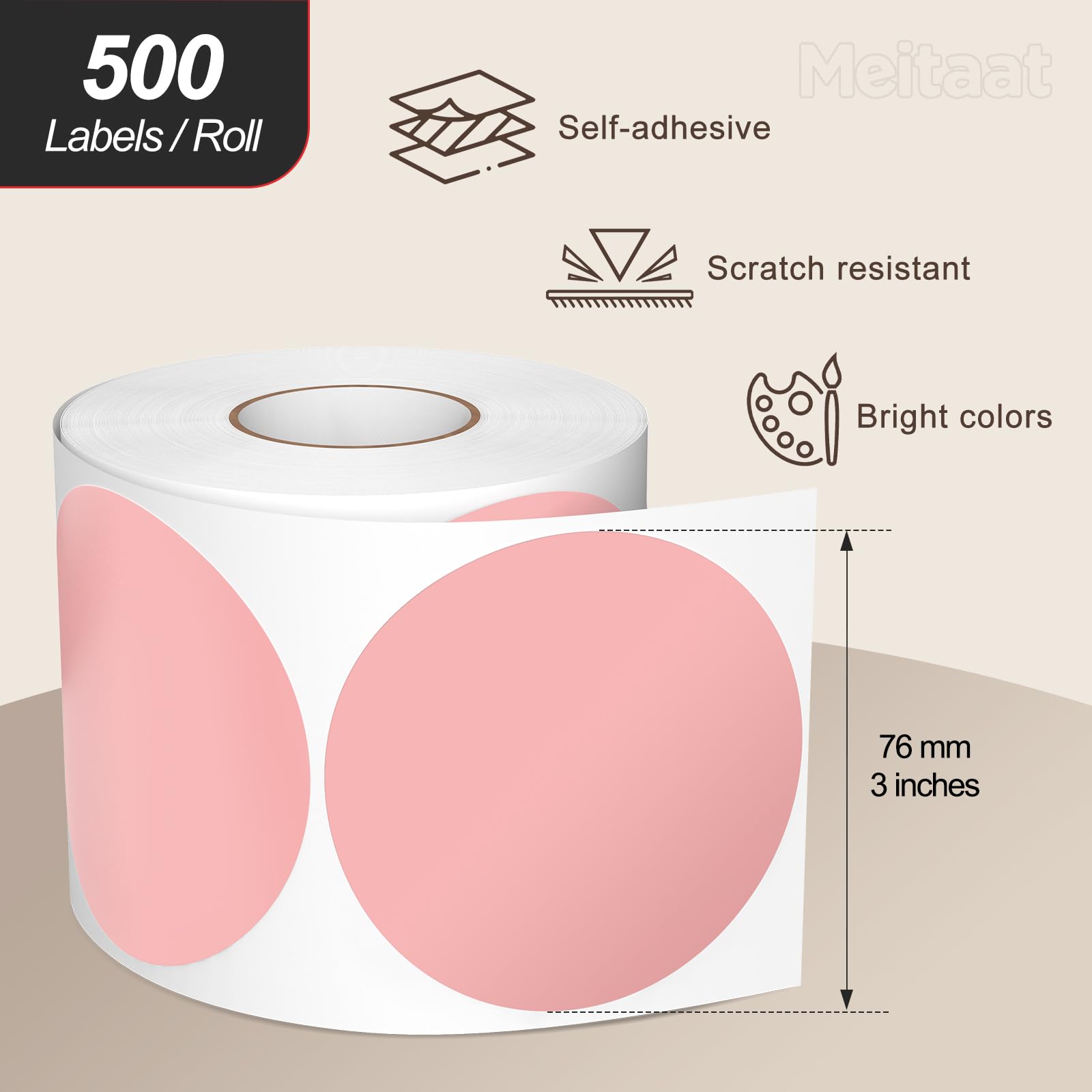 500 Stk Runde Aufkleber Stickers 76 mm Farbkodierung Kreis Etiketten Wasserfeste Rolle Markierungspunkte Rosa