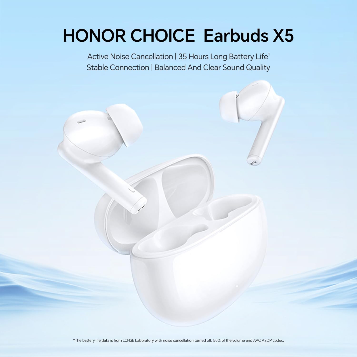 HONOR CHOICE Earbuds X5 with text highlighting Active Noise Cancellation, 35 Hours Long Battery Life, Stable Connection, and Balanced and Clear Sound Quality.
