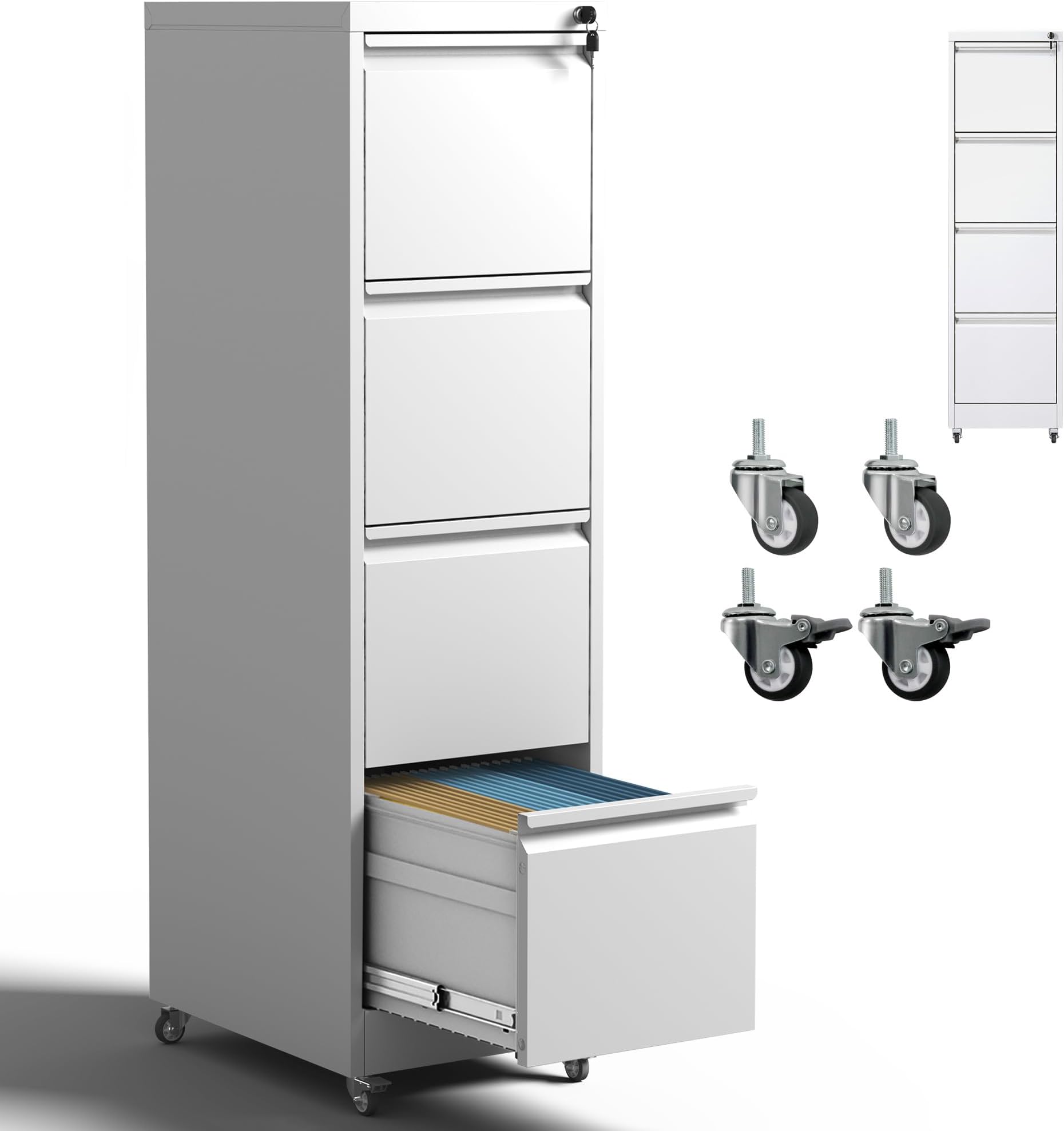 4 Drawer Locking File Cabinet with Wheels,White Metal Mobile Filing Cabinets,Vertical File Cabinet for Home Office,Heavy Duty Rolling Storage Cabinet for A4/Letter/Legal Size,Assembly Required