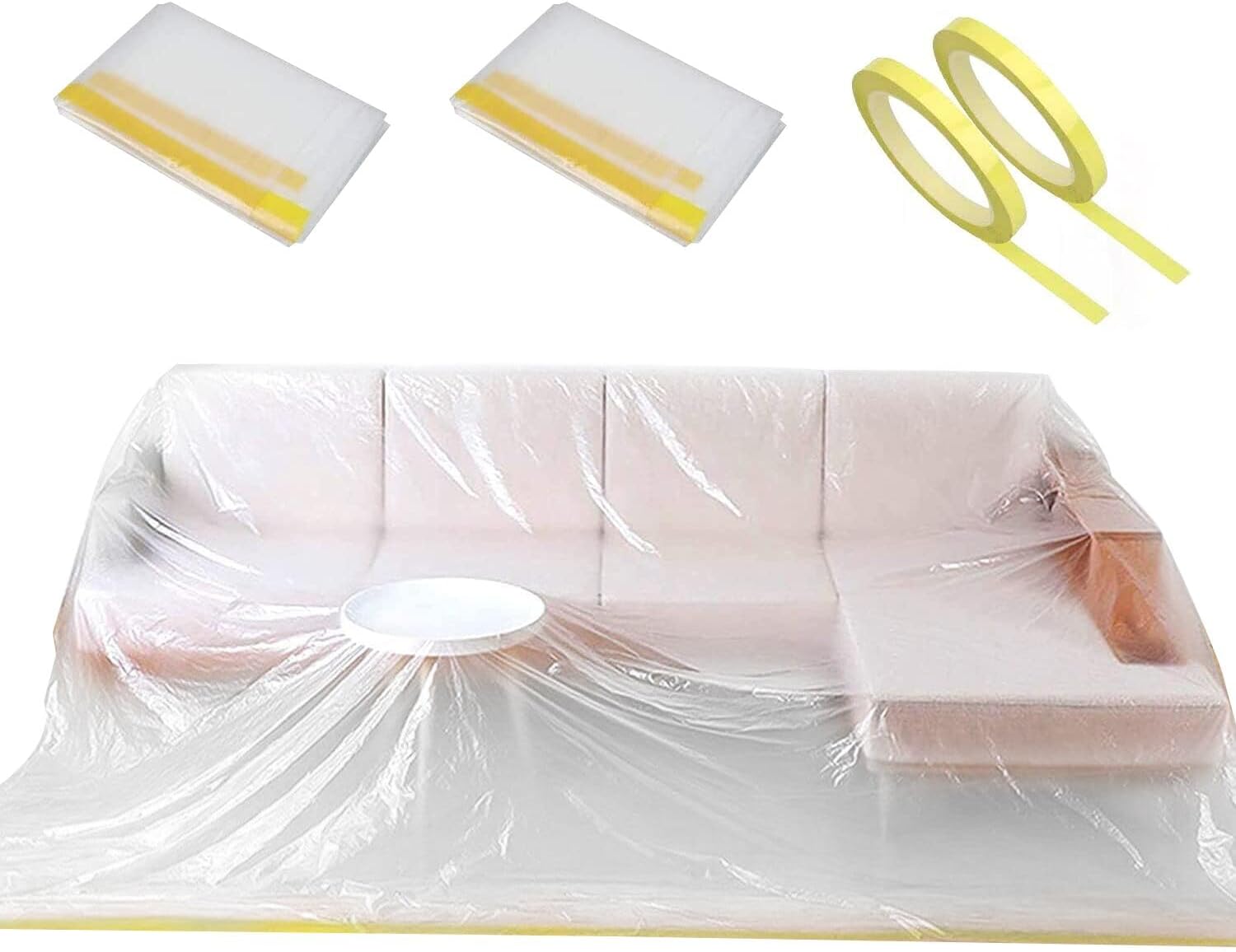 2 Pack 146" Extra Large L-Shape Plastic Couch Cover for Sectional Sofa, Waterproof Furniture Covers for Moving & Storage, Clear Sofa Protector Bag with 2 Rolls Painter Tape for Painting Renovation