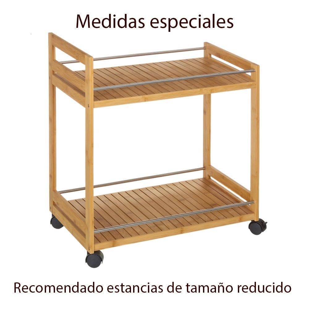 Carrito camarera de cocina de bambú natural con 2 estantes de 55x32x62 cm | Ruedas con freno y barras anticaída integradas. Transporta platos de forma segura, sirve comidas y organiza todo tu menaje