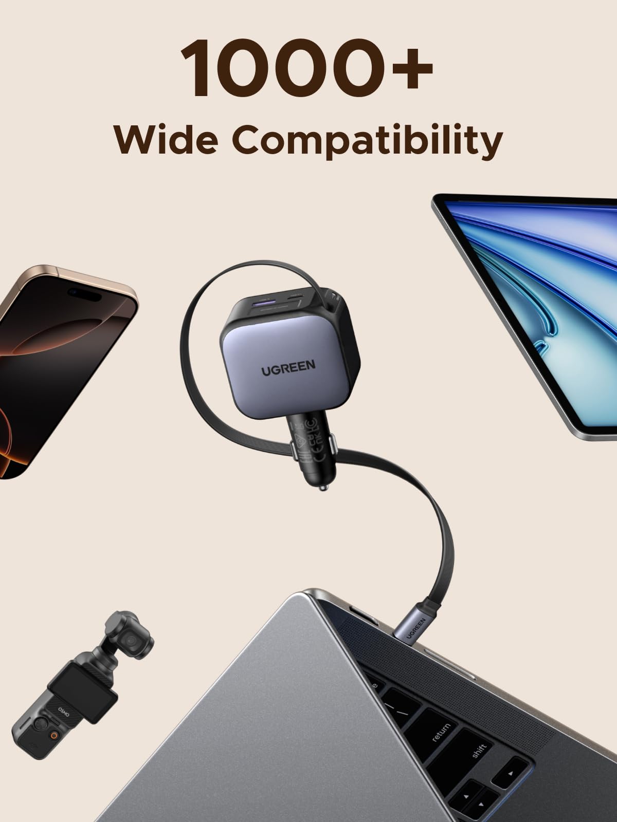 UGREEN Nexode 90W Chargeur Allume Cigare USB C Rétractable 60W Câble USB C | Prise Allume Cigare 3 Ports Chargeur Voiture Charge Rapide Compatible avec iPhone 17 Pro Max Air 16 MacBook iPad Galaxy S26