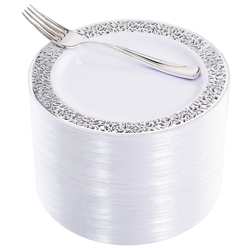 Silver Dessert Plates & Forks - 100 Pack for Parties -19 Silver Dessert Plates & Forks - 100 Pack for Parties -19
