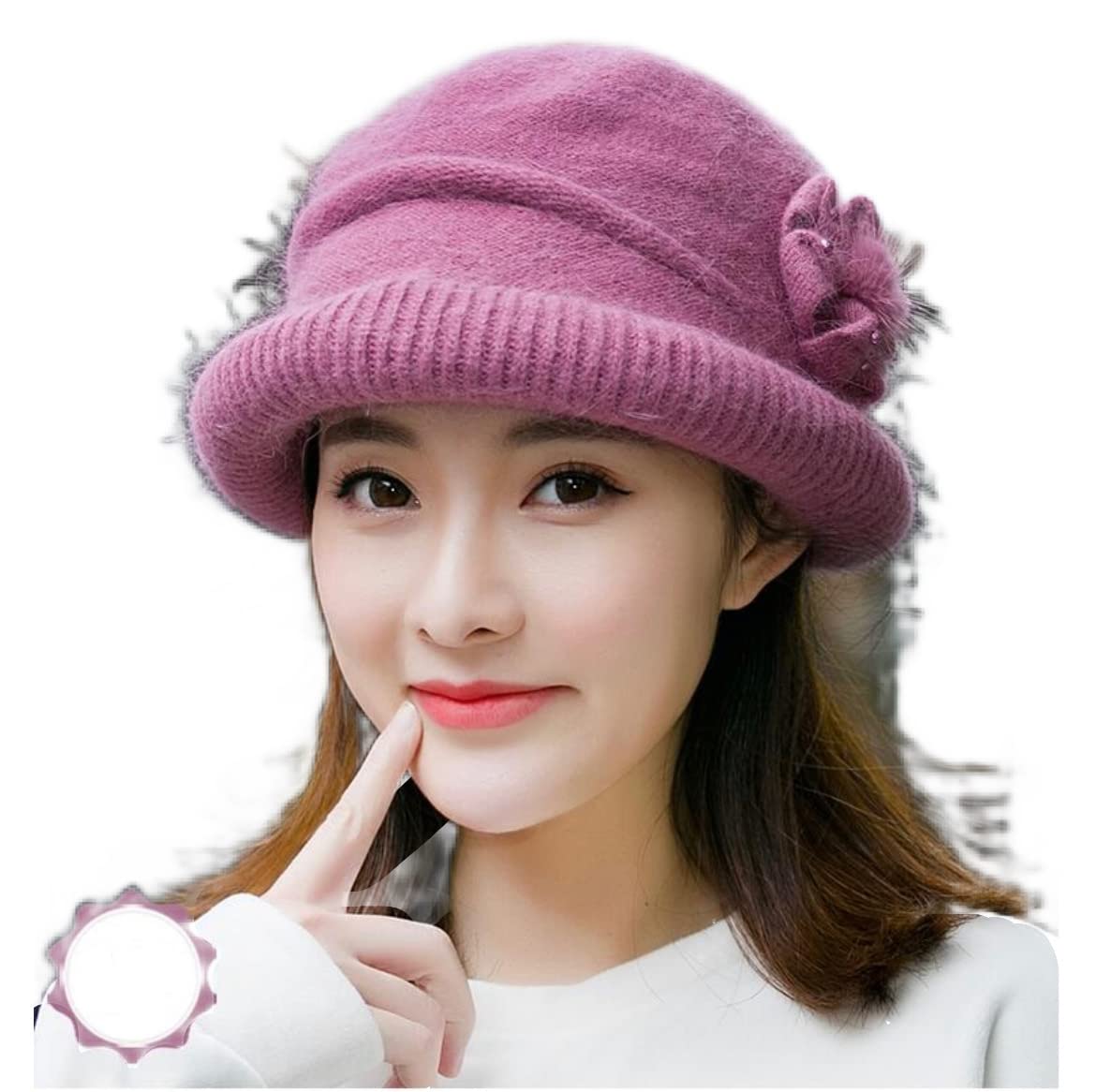 GenericWomen Winter Hat Woolen Soft Angora Wool Skull Beanie Cap Stylish  Floral Classic Design Bucket Beret Bowler Hat Cloche Round Brim Winter Hat