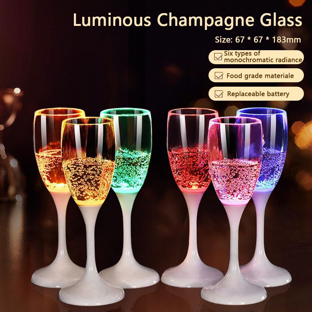 LED Luminous Cups Light Up Champagne Glasses Stemless Champagne Flutes Set Of 6 Ambient champagne glasses Food Grade Creative Wine Glasses For Festivals Christmas Party (4.1 Oz Multi-Color)