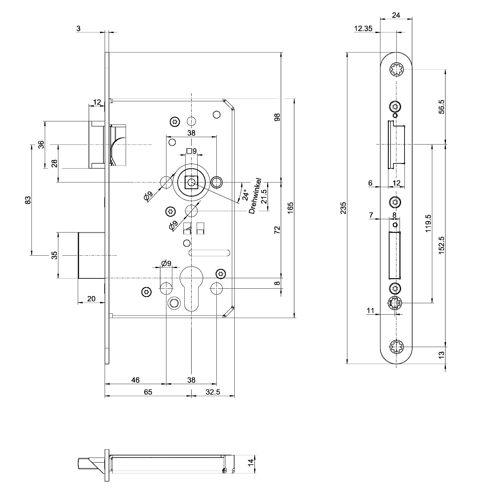BKS Panikschloss mit Wechselfunktion E B-1201, Profilzylinder, Dornmaß 65 mm, Stulp 24 mm, DIN Links, Entfernung 72 mm, Lochung Vierkant 9 mm, 2-tourig für Holz- oder Stahltüren