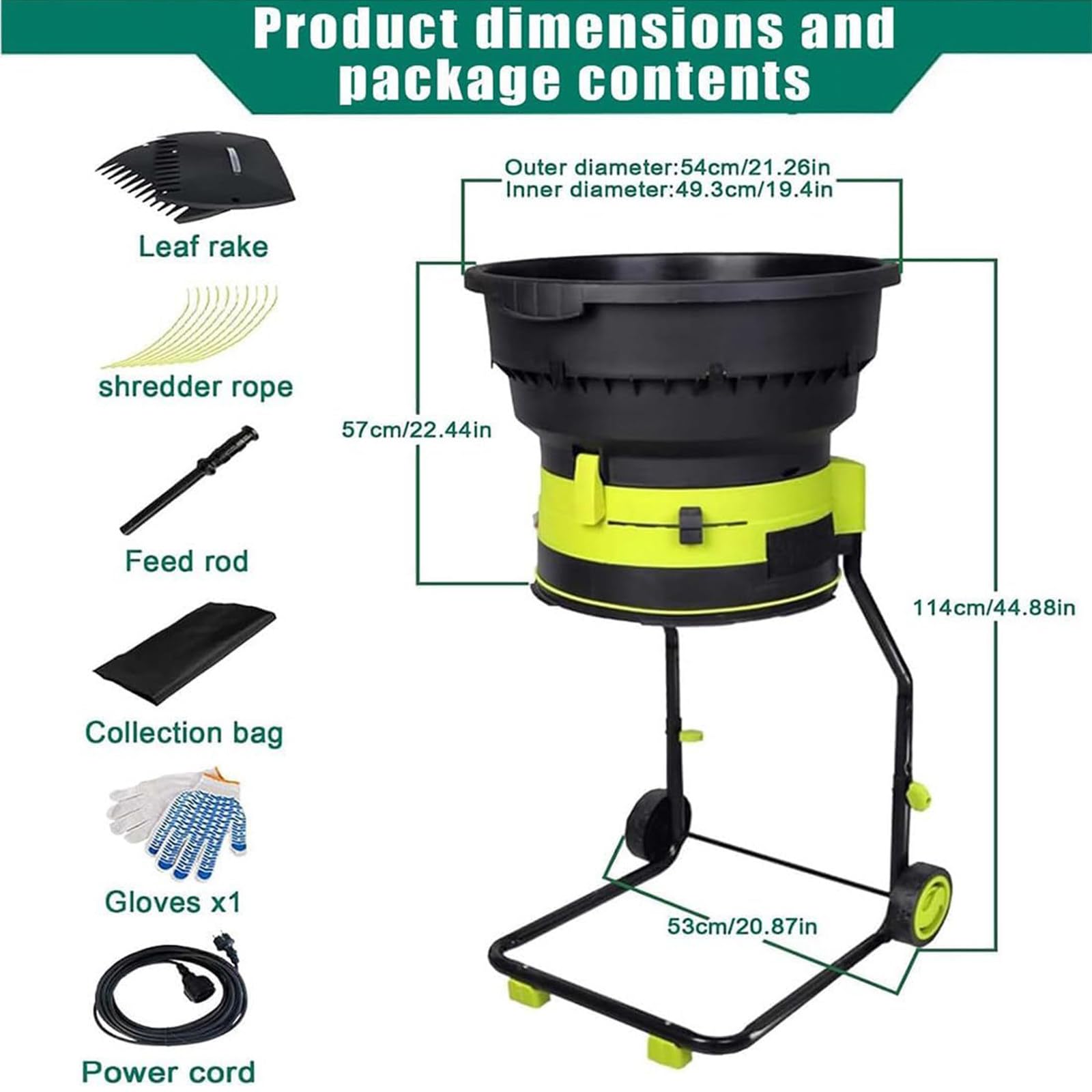 Trituradora eléctrica de hojas, trituradora de jardín de 2500 W con 8000 rpm, diámetro de embudo de 54 cm, rastrillo, bolsa de almacenamiento, ideal para limpieza de patio, cable de