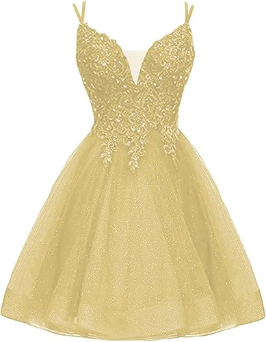 H.S.D Vestido de fiesta corto con cuello en V, vestido de graduación con purpurina, apliques de encaje, vestido de cóctel brillante con tirantes
