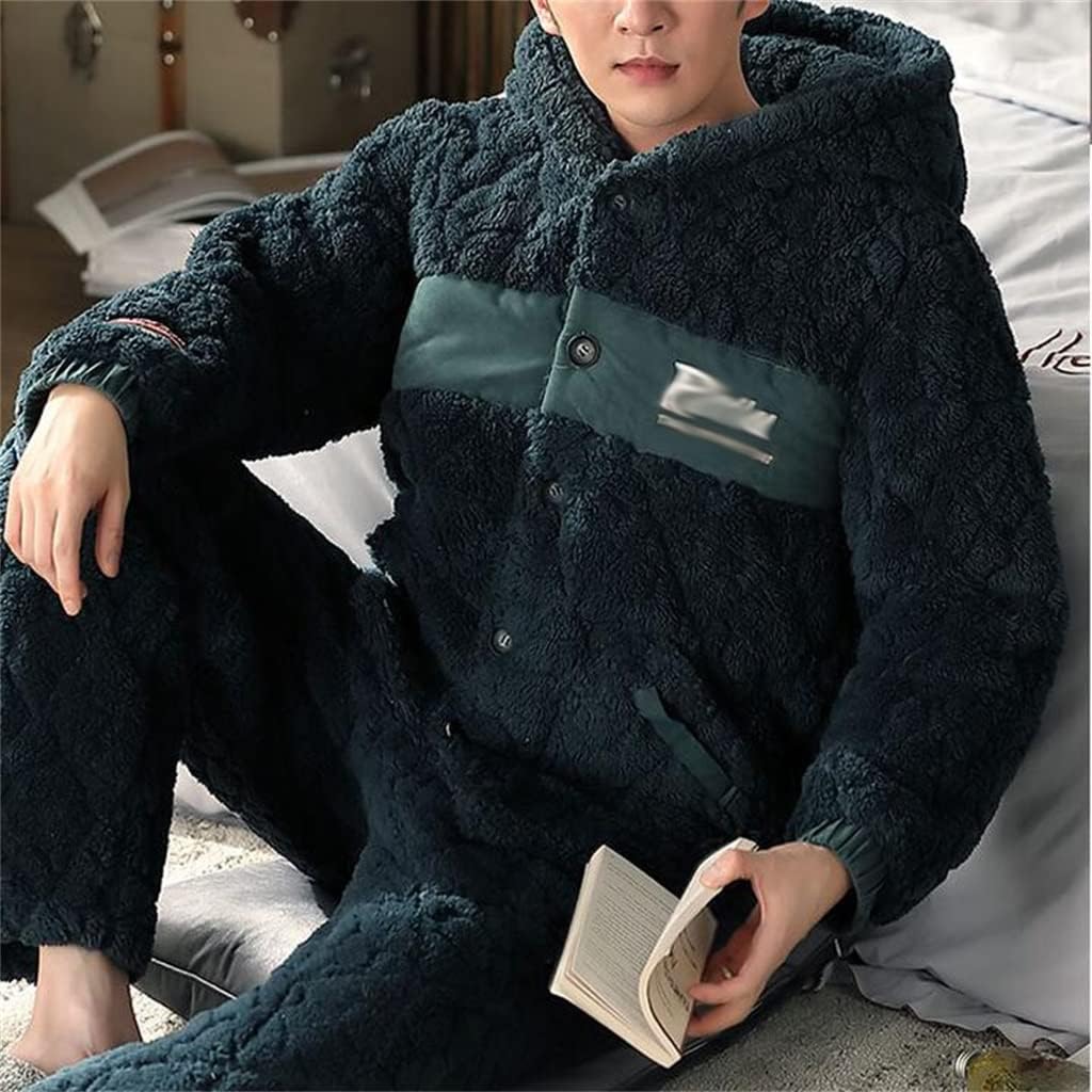 Hooded Three-layer Pajamas Coral Fleece Men's Winter Quilted Thickened Home Clothes