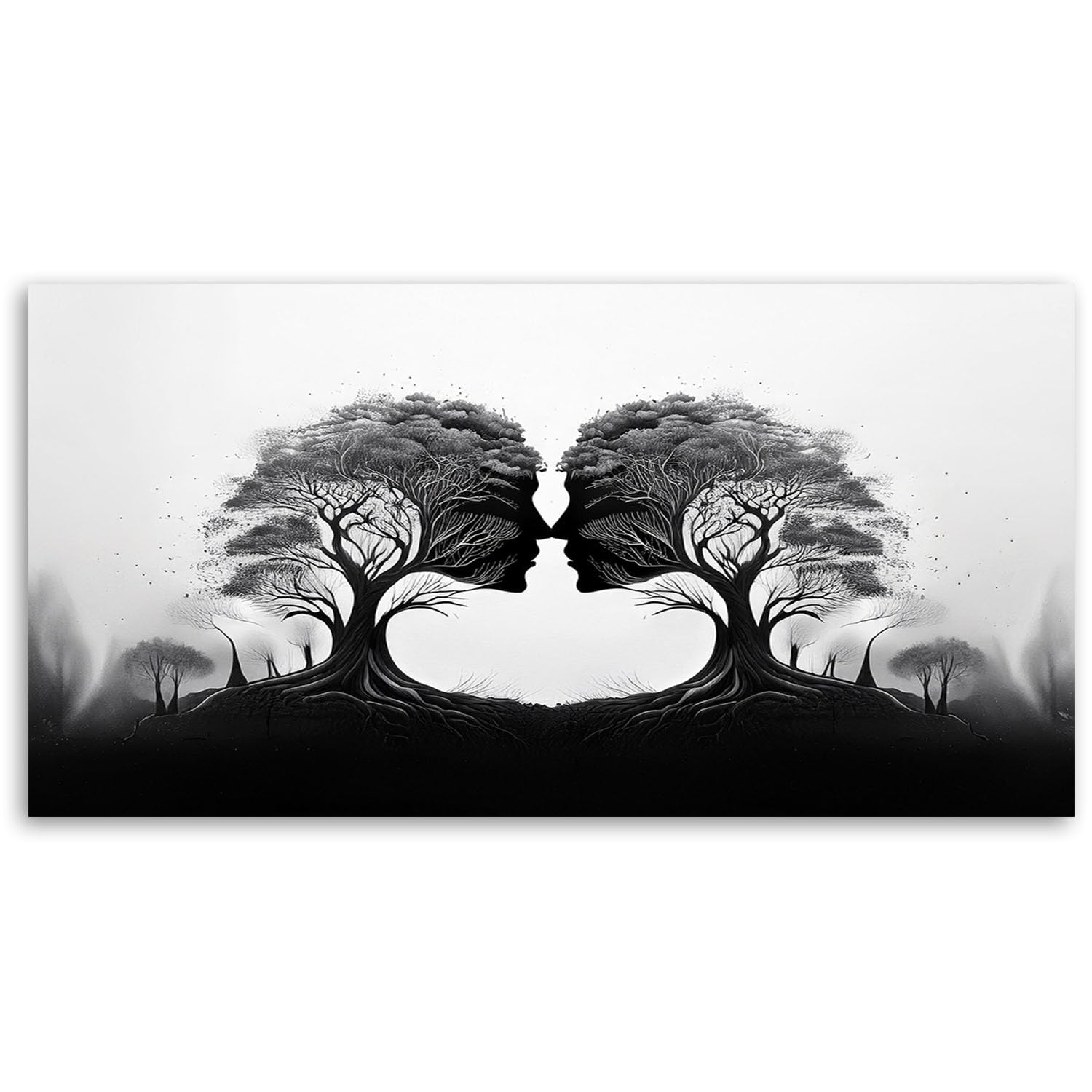 Feeby Leinwand Bilder - Bild Wohnzimmer - Baumkuss Schwarz & Weiß - 120x60 1tlg - Deko Schlafzimmer Groß - Dekoration Canvas - Gemälde - Modern Wandbilder - Kunstdruck