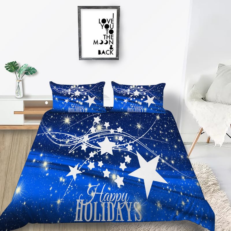 Housse de couette 140x200 Noël bleue en microfibre 110g/m² avec 2 taies d'oreiller