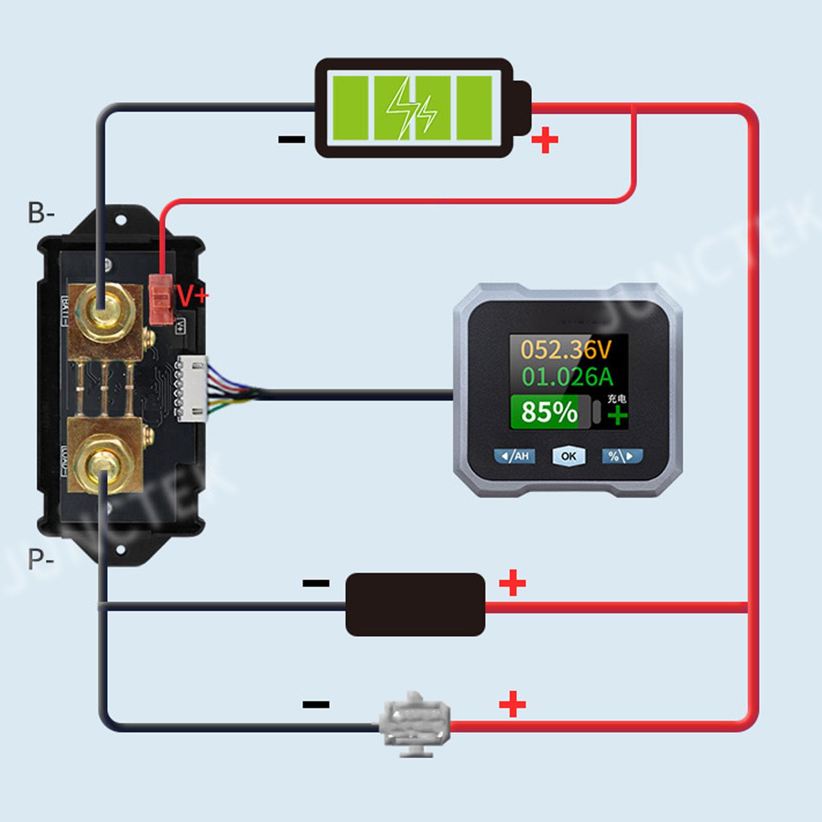 Batteriemonitor mit Shunt, 100 A, 10–100 V, Digitales Strom-Voltmeter, Amperemeter für Wohnmobil, Motorrad, Golfwagen, Solarpanel-Batterie mit 1,8-Zoll-Farbbildschirm,