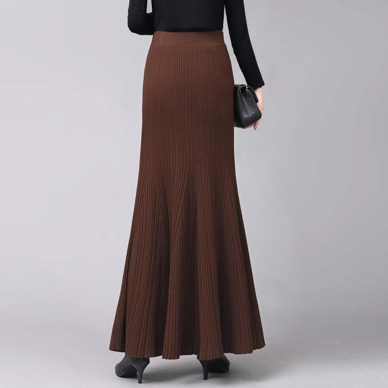 Women's Pleated Knit Sweater Maxi Skirts High Waist Elastic Mermaid Long Skirts for Women Fall Winter