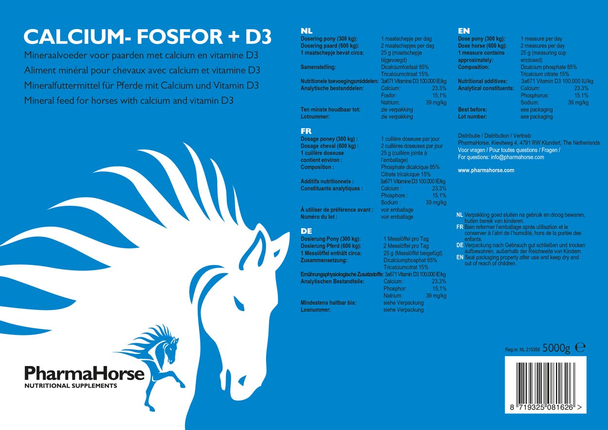 PharmaHorse Calcio-Fosforo + D3 | Ossa | Energia | Muscoli | Miscela bilanciata | 100% Senza zuccheri aggiunti | 5000 Grammi
