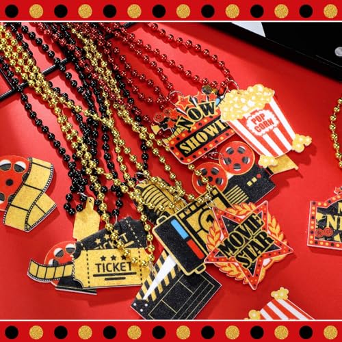 Ecally 36 Pcs Movie Night Party Favor, Movie Night Beaded Necklaces Bulk Theater Party Sign Necklaces with Red Black Gold Color Now Showing Ticket Kit Decorations for Birthday Supplies by Ecally - Used condition - Image 5
