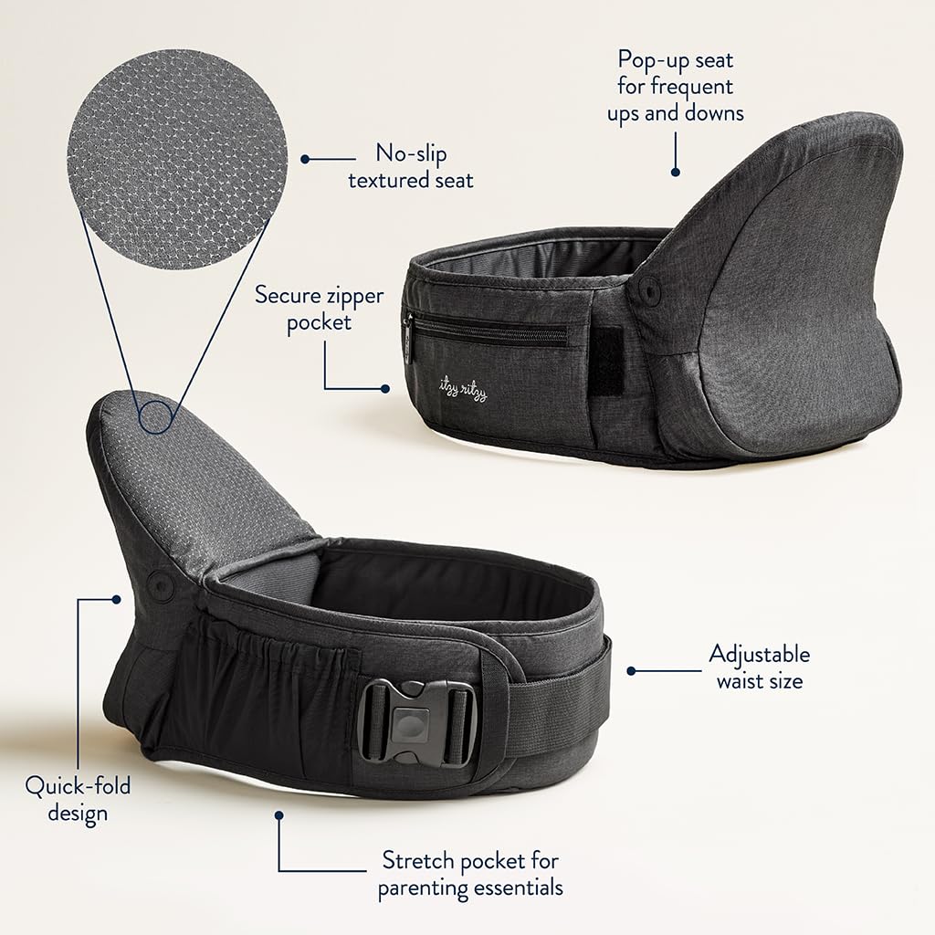 Itzy Ritzy Hip Seat Baby Carrier – Foldable 3-Position Infant & Toddler Carrier, Supports 12–44 lbs, Strapless, Lightweight Design – Includes Zippered Pocket & Extender to Fit Waists up to 62" (Black)