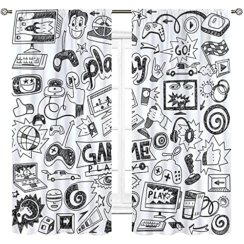 Cinbloo Kids Video Games Curtains Gaming Racing Rod Pocket Gamer Decor For Teen Boys Bedroom Black White Monitor Device 90'S Cool Art Printed Living Room Window Drapes Fabric 2 Panels 42W X 63L Inch #TOP2