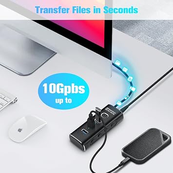 RSHTECH 10Gbps USB C Hub, Aluminium 4-Port Powered USB 3.2 Hub (2C+2A) | USB3.2 Splitter with 2ft USB C Cable for Type-C/Thunderbolt Port Laptops, RSH-A104C