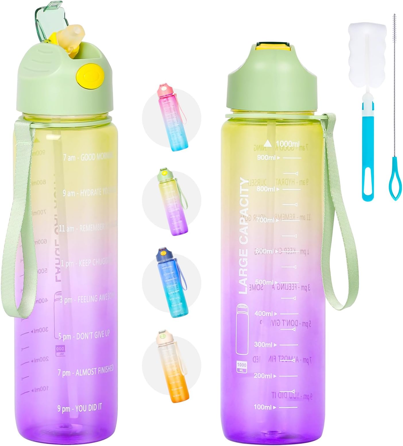 QCQHDU 1 Litre Sports Water Bottles, Large Capacity Time Maker Water Bottle, Plastic Leakproof Durable Drink Bottle for Sports, Gym, Fitness, Cycling, Travel, School and Office (Purple & Green)