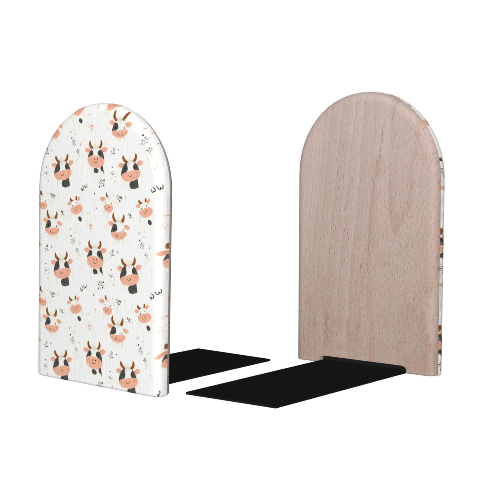 Cow Cute Print BookEnds 1 Pair, Decorative Bookends for Heavy Books, Wood Book Ends for Shelves, Book Organizer for Home Desk Office Supplies