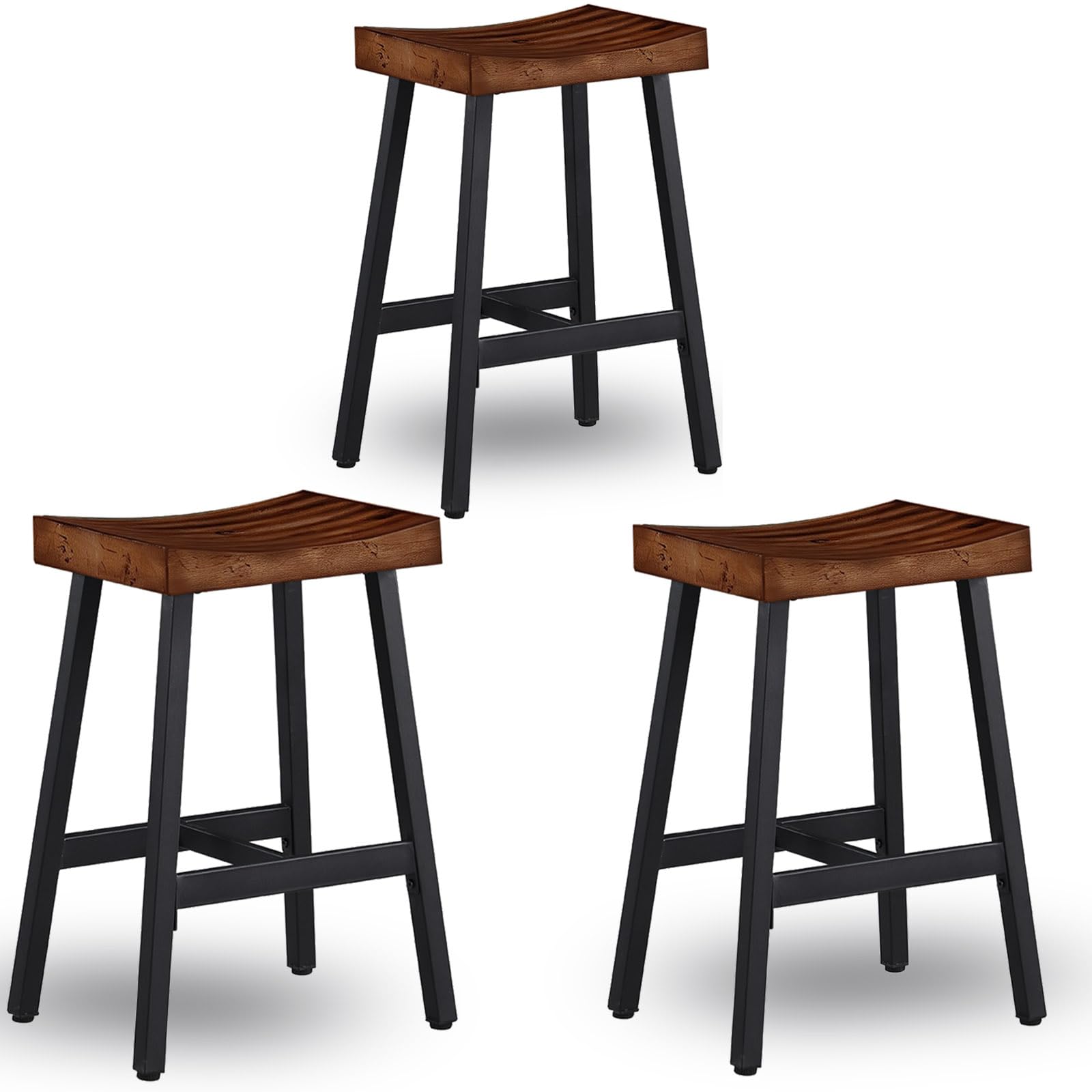 OUllUO Bar Stools Set of 3, Backless Saddle Barstools, 25" Counter Height Bar Stools, Solid Wood Counter Stools with Metal Frame, 521P-BBWD3