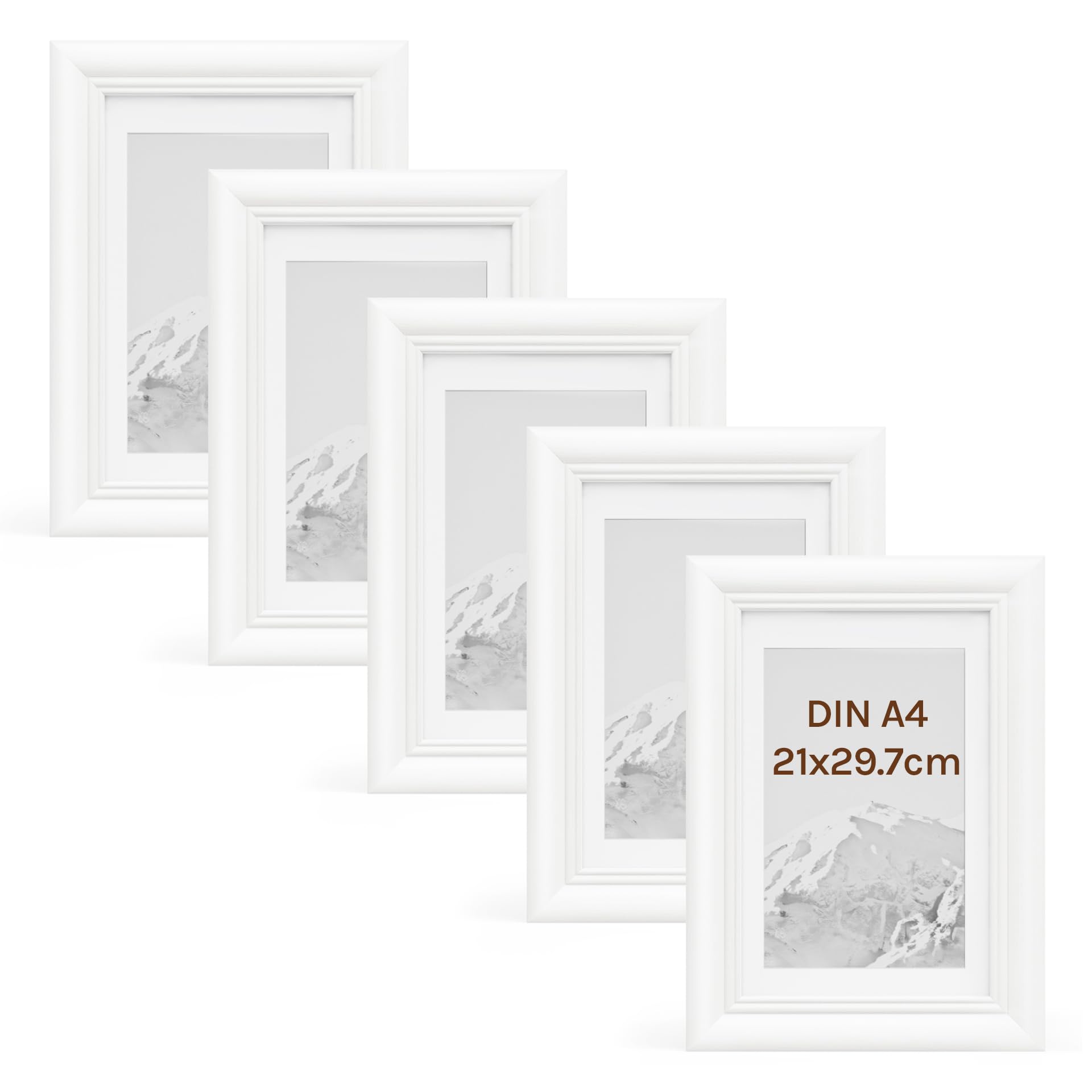 WOLTU Juego de 5 Marcos de Fotos de Madera Maciza A4 21x29,7cm, Marcos de Foto para Pared o Mesa, Marco de Póster en Vertical y Horizontal para Decoracion, Blanco