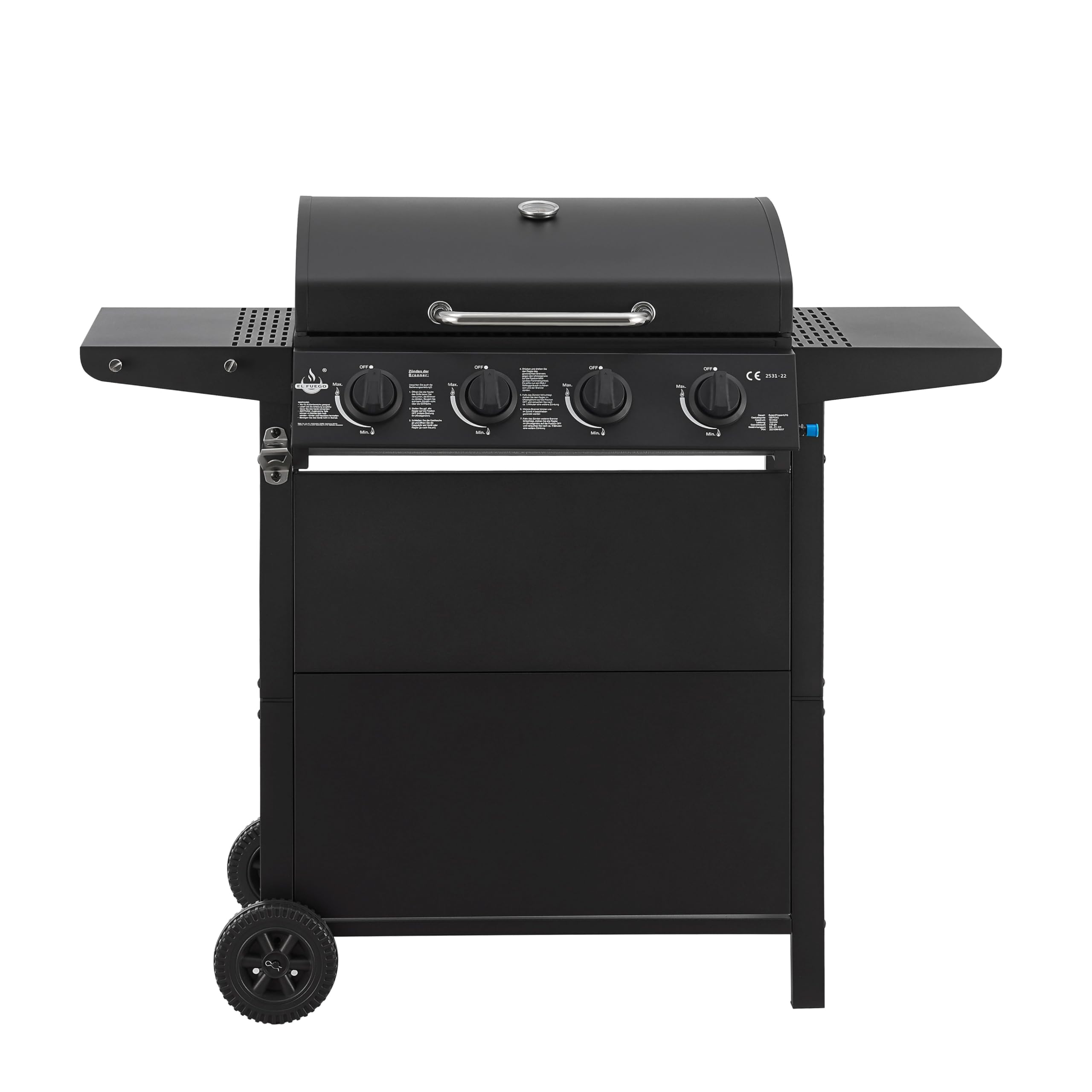 Gasgrill "San Jose 4 Brenner" von El Fuego® | inkl. Gasschlauch und Druckminderer | Grillrost aus Gusseisen | mit Thermometer und großen Seitenablagen | Grill BBQ | AY0206