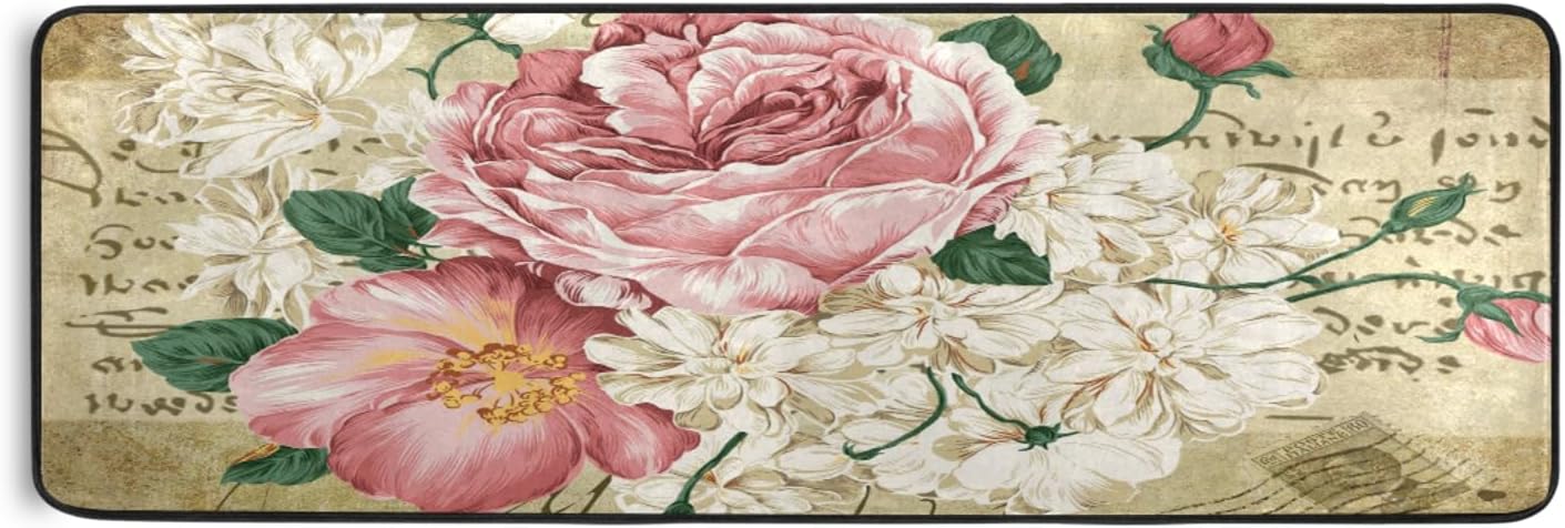 ALAZA Vintage Shabby Chic Pink Rose Floral Runner Rug Non Slip Hallway Entry Carpet Kitchen Rug for Home Dining Living Room Bedroom 72" X 24",Machine Washable