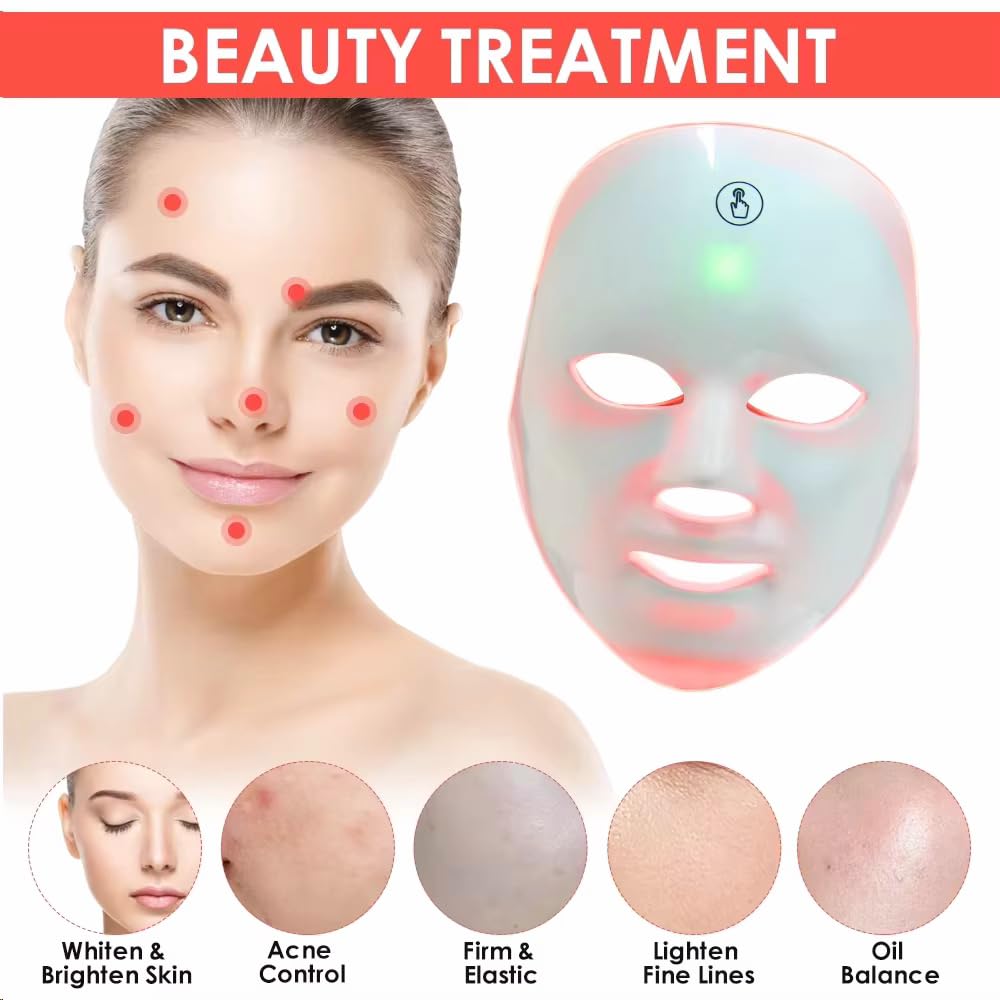 Masque de thérapie par lumière LED, 7 couleurs, masque de thérapie par lumière rouge, pour rajeunissement de la peau, anti-âge, traitement de l'acné, soin du visage Masque LED avec sangle réglable