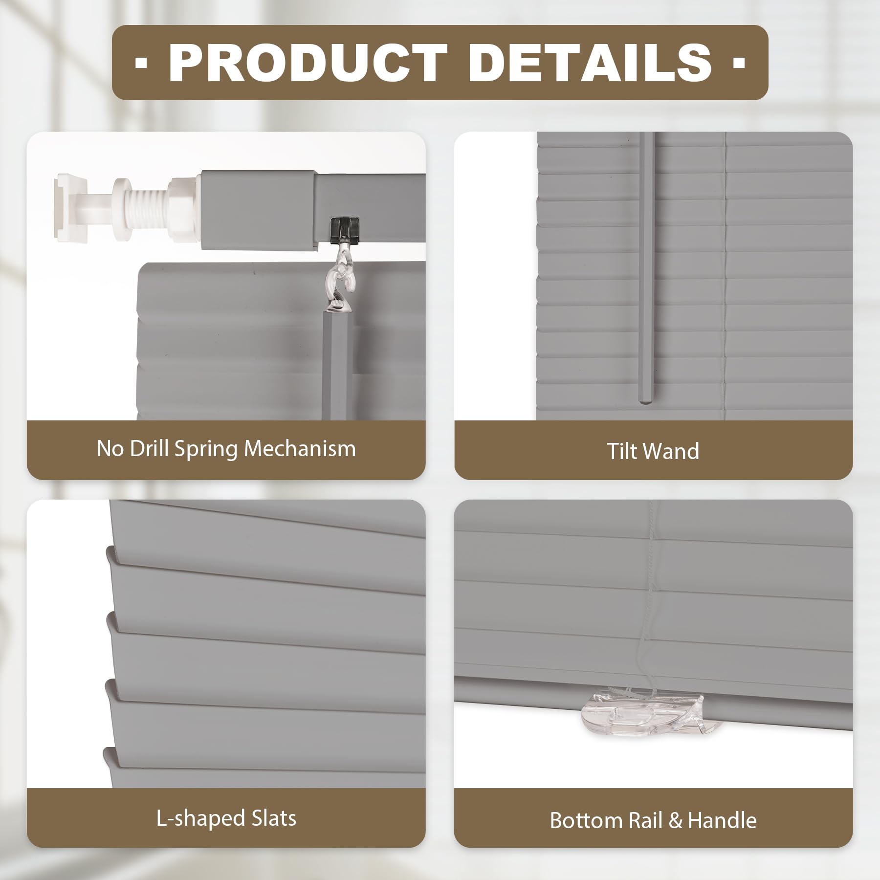 HESTIA No Drill Cordless Room Darkening Vinyl Mini Blinds, 1” L-Shaped PVC Slats Venetian Horizontal Blind Privacy Indoor Window Coverings for Bedroom, Bathroom and Kitchen, Grey, 96.5 X 127CM