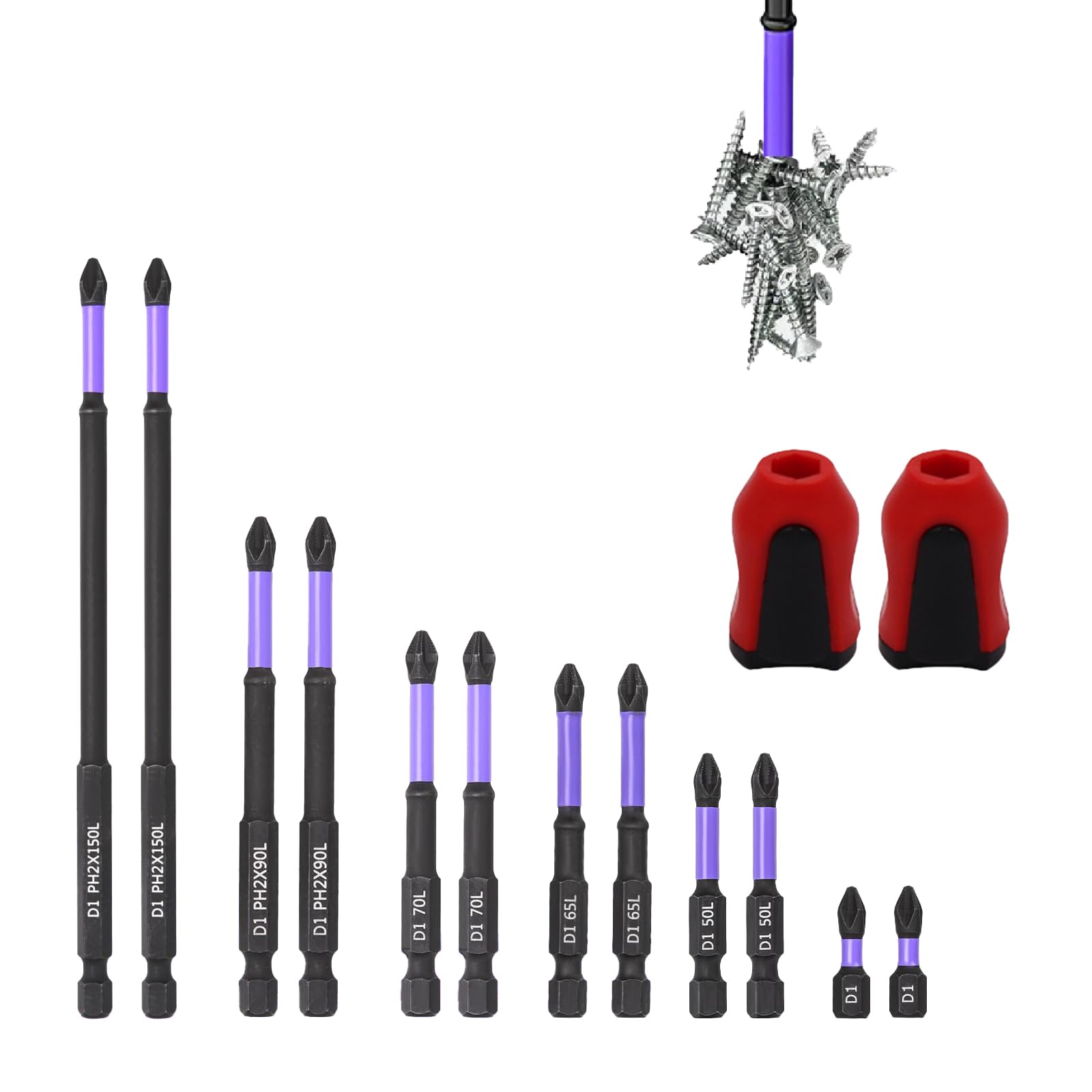 12 Pcs Ph2 Impact Driver Bits,Long Screwdriver Bits,Magnetic Screwdriver Bits + 2 Magnetizers,Heavy Duty Impact Driver Bit Set including Purple Oxide Coating(150mm,90mm,70mm,65mm,50mm,25mm)