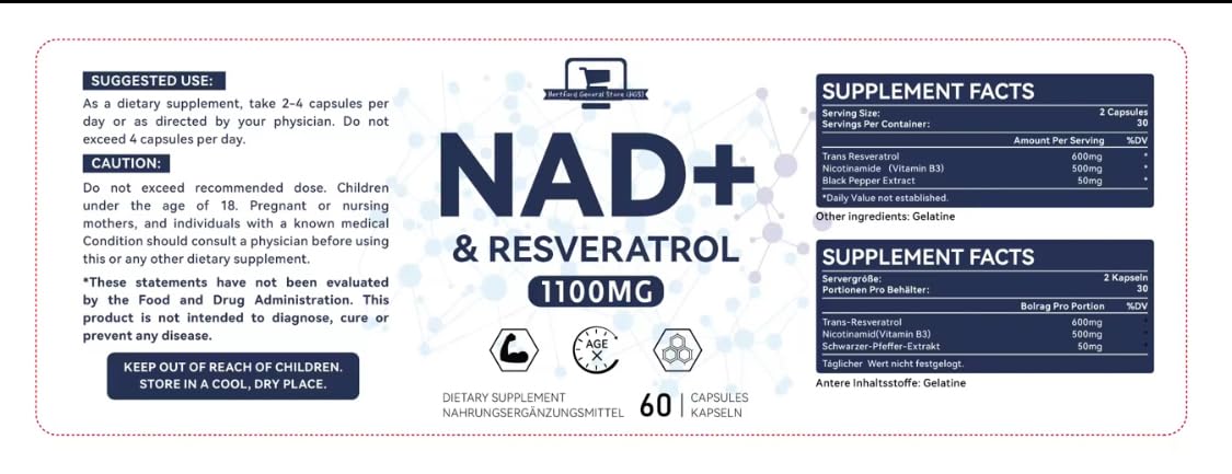 NAD+ Trans-Resvératrol 1100 mg Capsules Booster d'énergie, anti-âge et antioxydant, absorption maximale, végétalien, sans gluten, soutien pour la santé cellulaire et la longévité, 60 capsules,