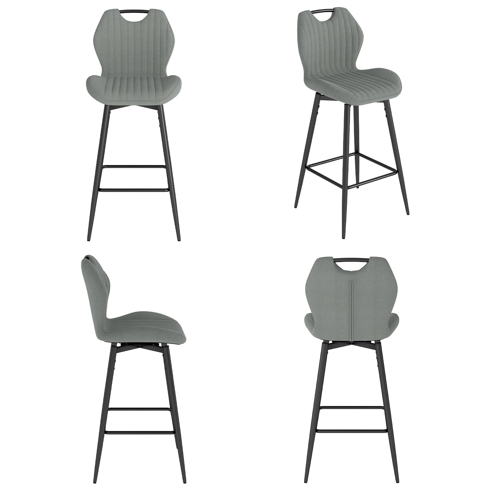 WAFTING 360° Drehbar Barhocker 2er Set, 75cm Sitzhöhe, Atmungsaktiver Barstuhl mit Griff, aus Stoff, Gepolstert, mit Lehne & Fußstütze, für Küche, Theke, Esszimmer, Dunkelgrau