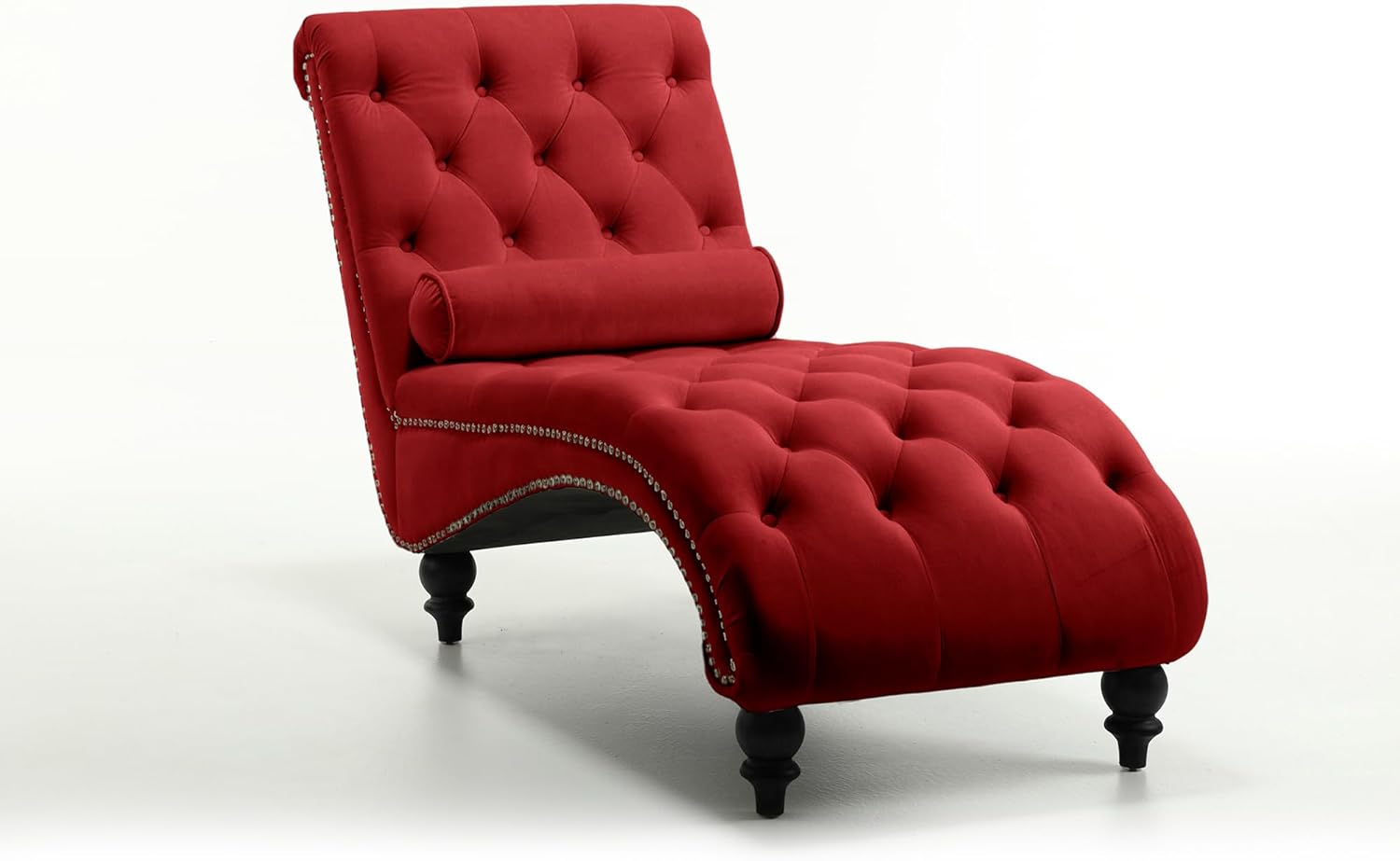 Chaise Lounge Chair Indoor, Velvet Upholstered Lounge Sofa with Bolster Pillow, Button Tufted Nailhead Trim Solid Wood Legs Armless Leisure Sofa Recliner for Bedroom (red)