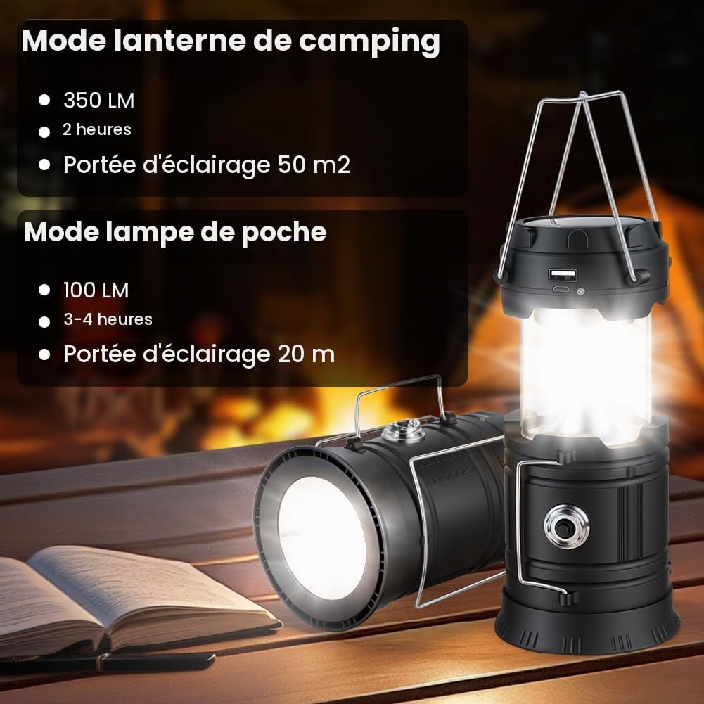 HOTUT Lampe Solaire Camping, LED Lanterne Camping Portable Lampe Torche Extéieur avec crochet pliable, Imperméables a Pile pour Randonnée, Jardin, Pêche, Lumière d'urgence, Les Activités en Extérieur