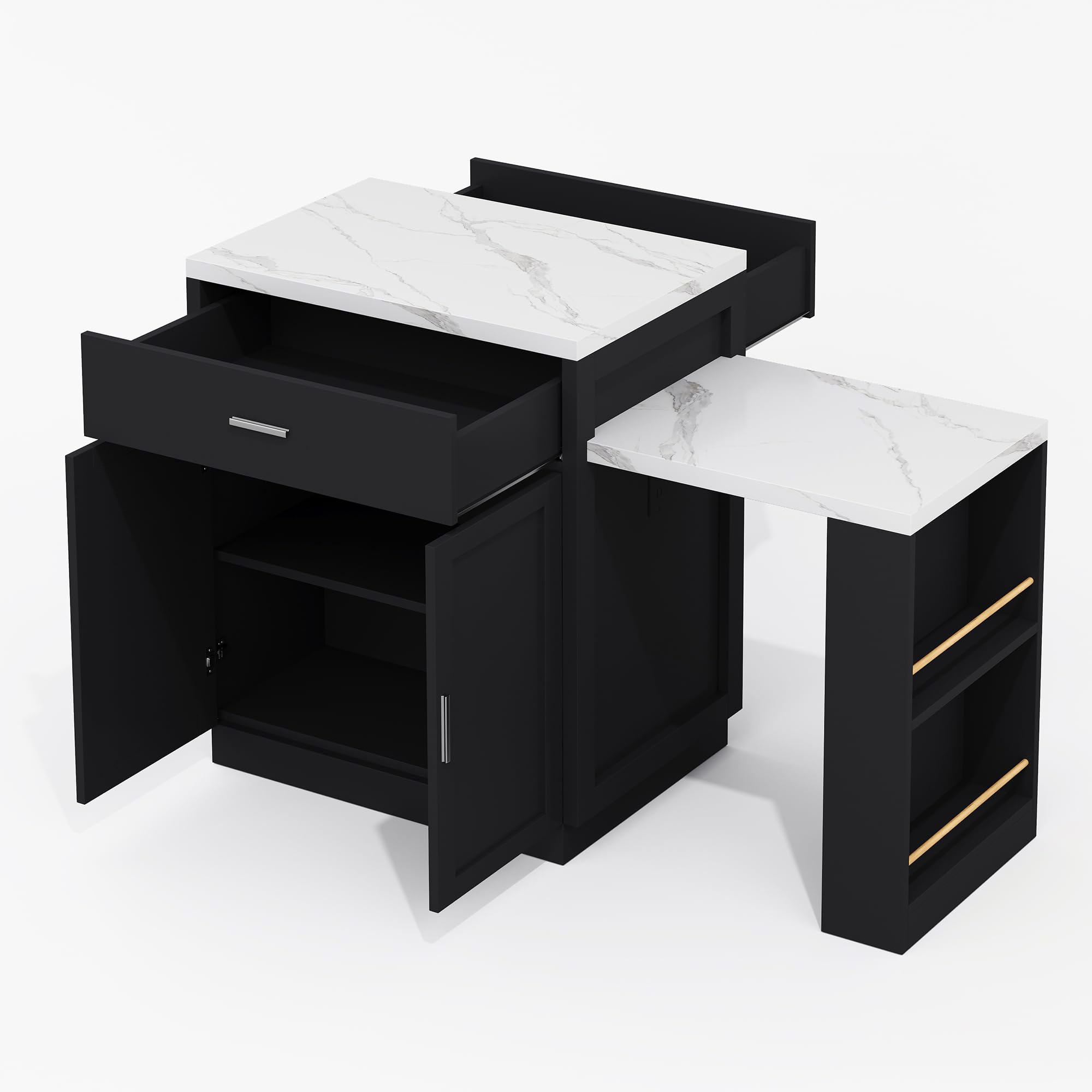 Isola da cucina con tavolo da pranzo allungabile per 4-6 persone,prese elettriche,armadietti,2 cassetti e 2 ripiani aperti sui lati,tavolo con piano d'appoggio bianco,armadietti neri
