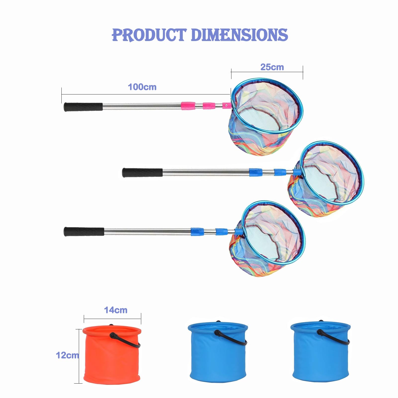 3 Stück Teleskop Kescher Kinder, 55-125cm Angel Kescher für Kinder, Angelkescher Schmetterlingsnetz mit 3 Faltbaren Eimern Kleine, Unterfangkescher Angelkescher für Kinder Fangen von Insekten - 5