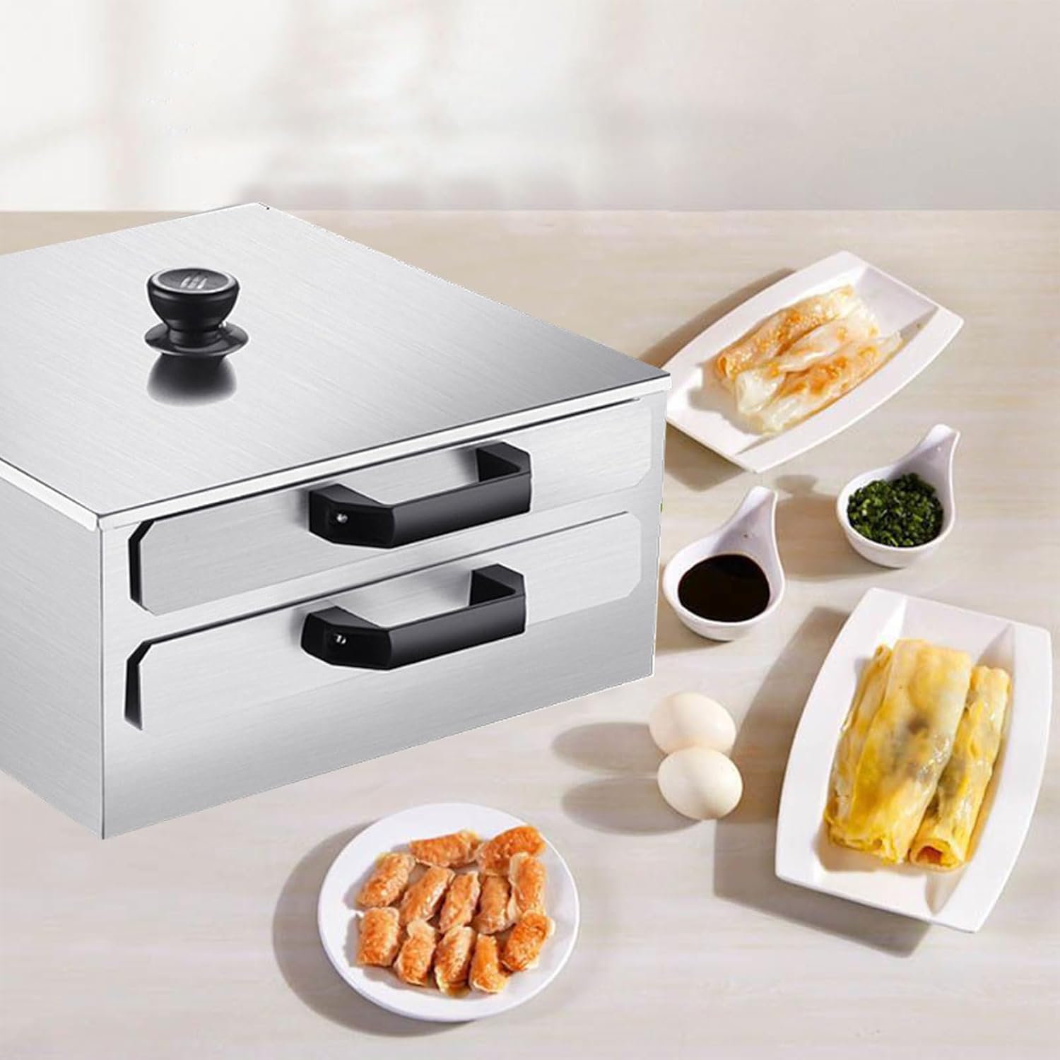 AIZYR Rice Noodle Rolls Machine, 2 Layer Chinese Rice Roll Steamer, 304 Steamed Steamer Stainless Furnace Cooking Chinese Cuisine Kitchen Food Ware