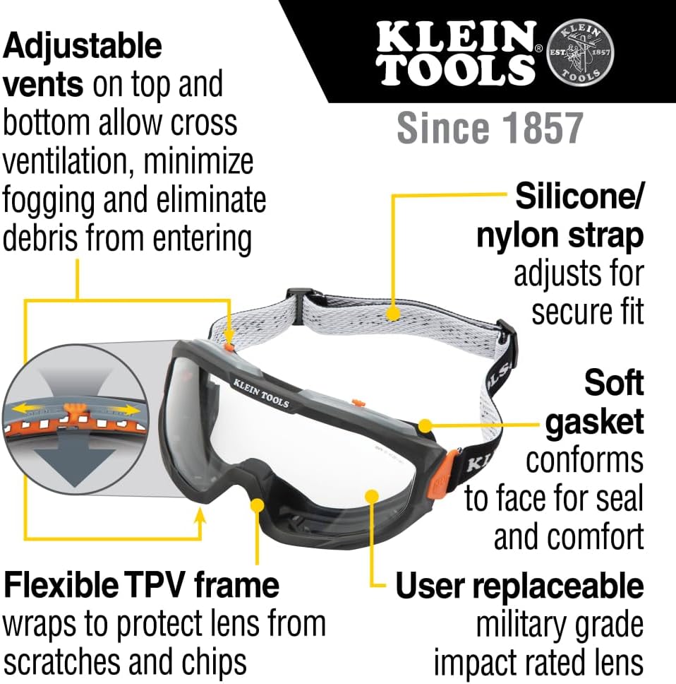 Klein Tools 60479 Safety Goggles, Clear Lens PPE Eye Protection, Anti-Fog, Scratch-Resistant, UV Protection, Adjustable Vents - Image 2