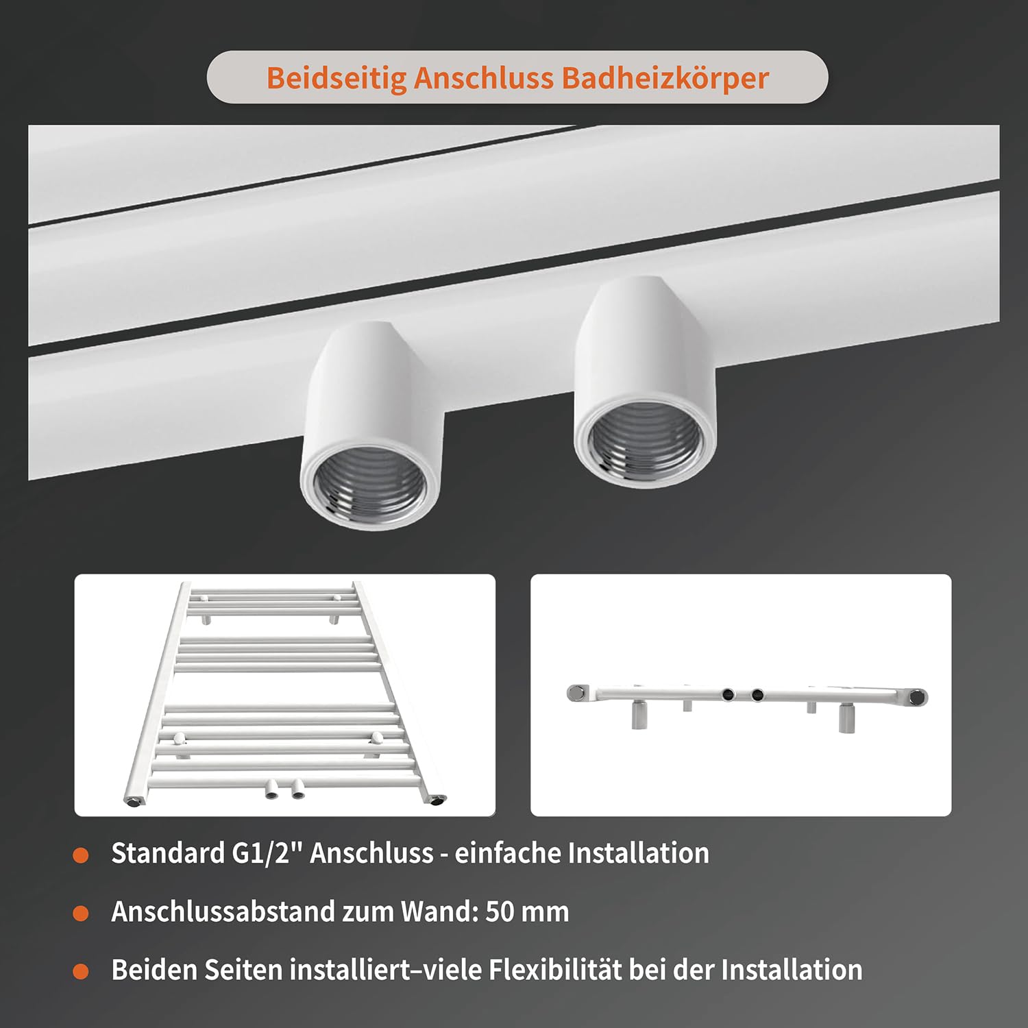 Badheizkörper mit Mittelanschluss, Handtuchheizkörper & Handtuchtrockner, Einfach Installation Bad Heizkörper Handtuchwärmer, Bequem Badezimmer Handtuchhalter Handtuchleiter (Weiß, 800x600mm)