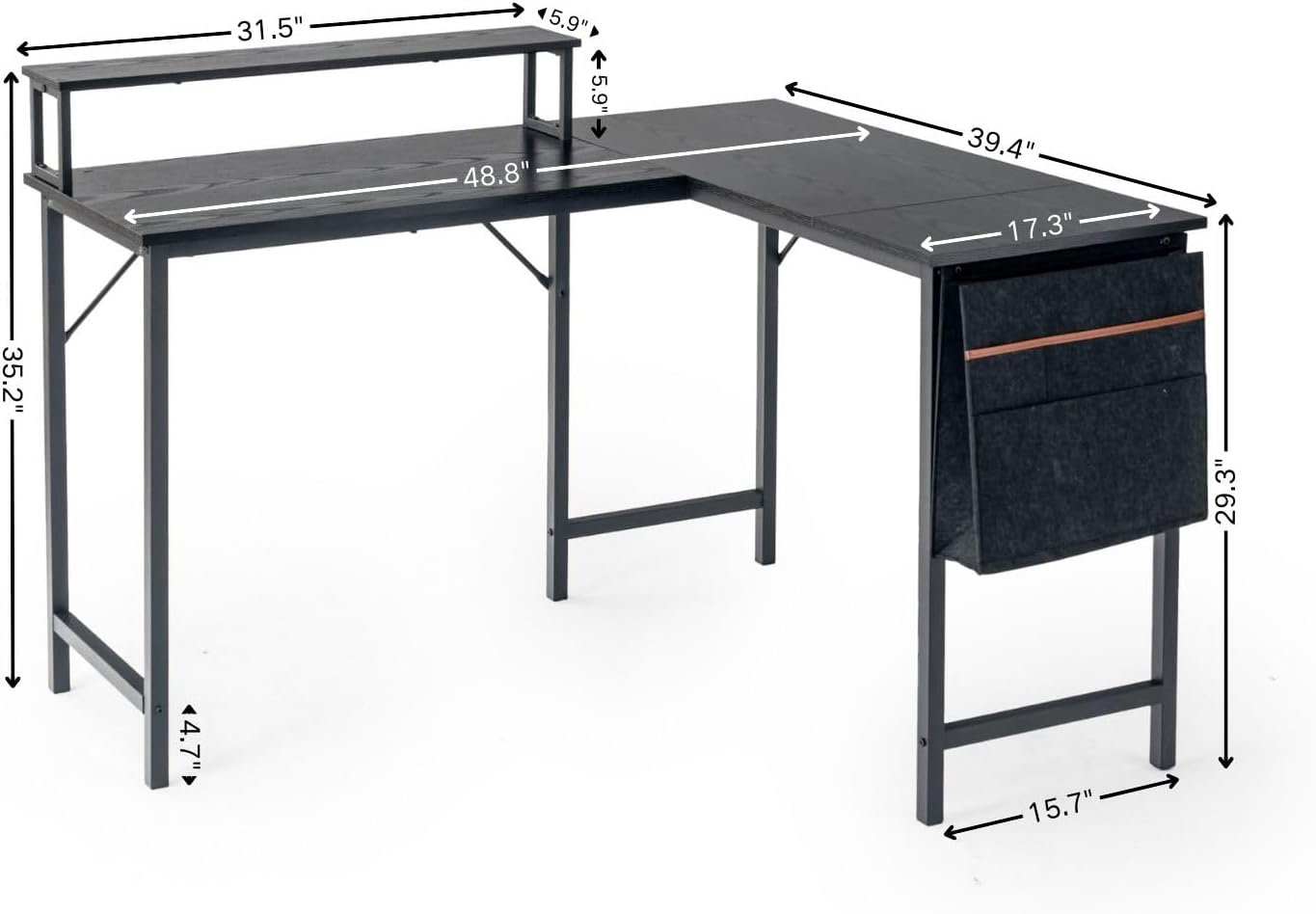 FurnitureR 48.8" L-Shaped Computer Desk with Storage Bag & Led Light – Spacious Laptop Workstation Featuring a Sturdy Metal Frame and Ample Storage Solutions, Ideal for Studio Home Office Use, Black