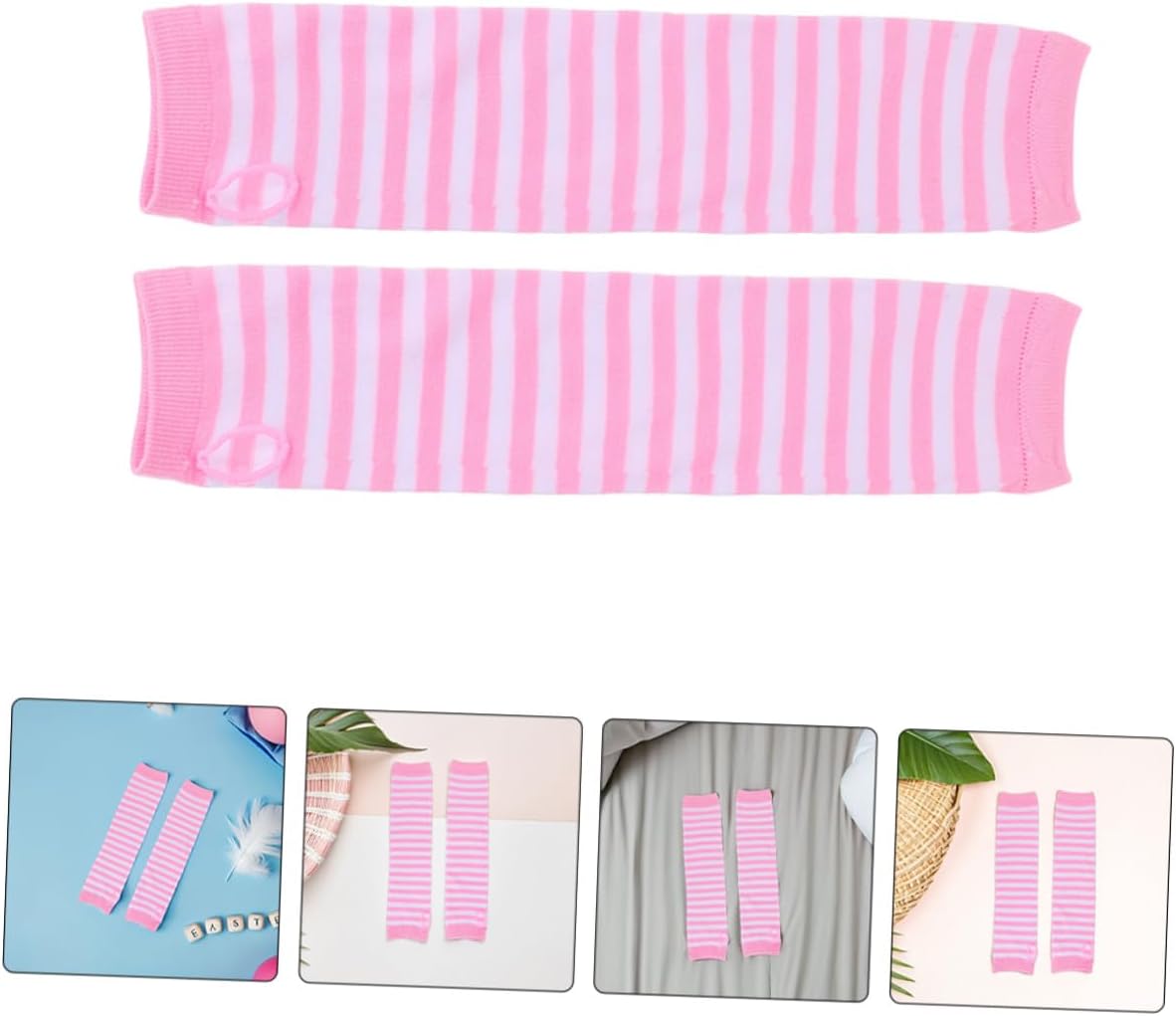 2 Pairs Women’s Long Knit Fingerless Gloves Thumbhole Stretchy Arm Warmers Universal Size Pink and White Warm Protective Sleeves for Cold Weather