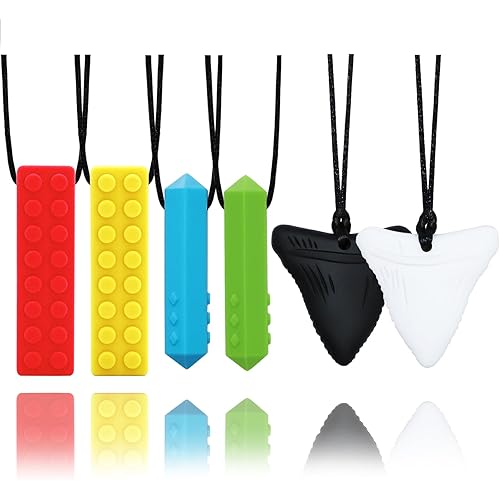 Chewy Necklaces for Sensory Kids, 6 Pack Chew Necklaces for Sensory Boys and Girls with Autism, ADHD, SPD, Chewing, Biting, Silicone Oral Sensory Chew Teething Toys for Adults Reduce Anxiety Fidget