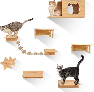 Wall Mounted Cat Shelves, Cat Wall Tree,Wall Climbing Frame Shelf, Kitten Perches for Wall Cat Steps Ladder Cat Bed Activity Tree Cat Climbing Structure with Hammock, Scratching Post, Jumping Platform, Condo