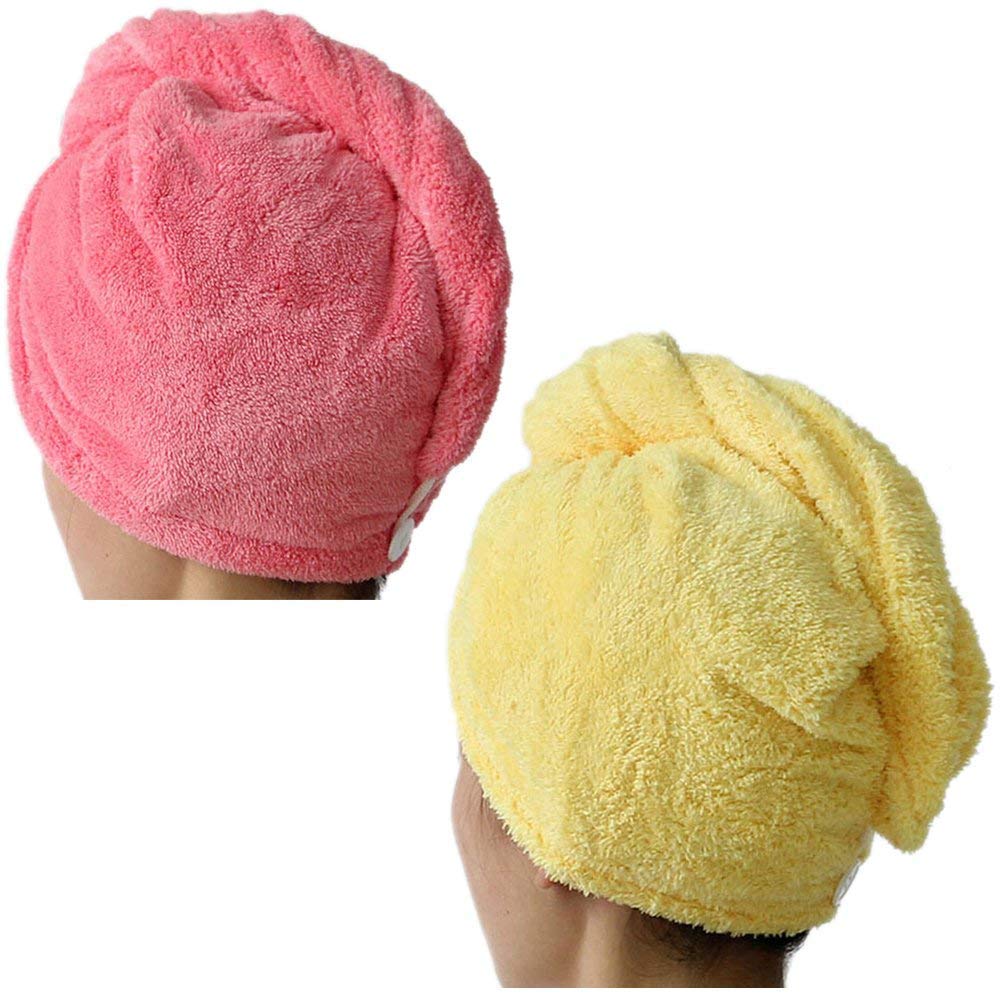 Lesirit Microfiber Hair Drying Towel with Button Ultra Absorbent Twist Hair Turban Quick Drying Cap Hair Wrap Pack of 2 (RO+YL)