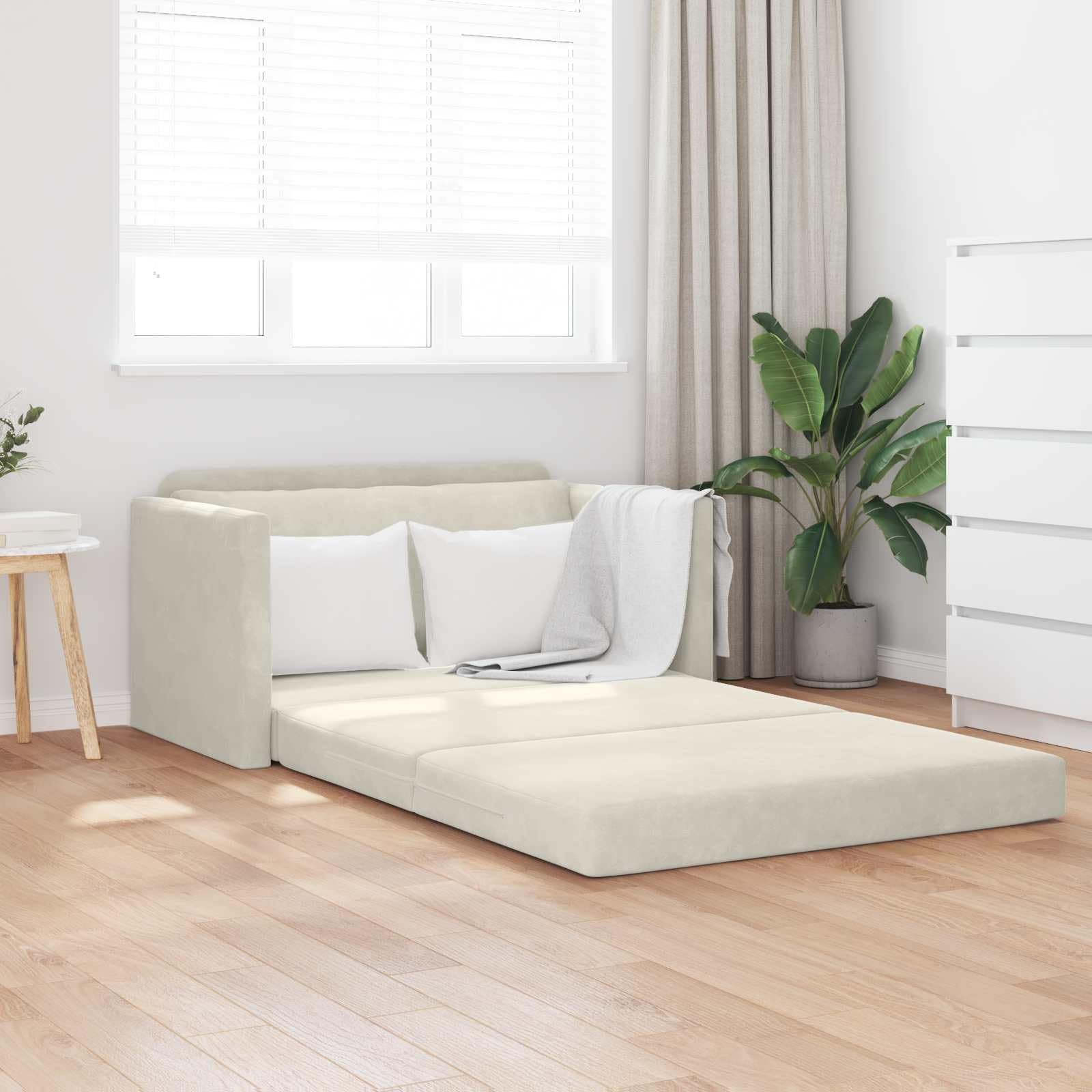 Sofa z funkcją spania i tapicerką, kremowa, 124 x 71 x 78 cm, z funkcją spania i tapicerką, rozkładana sofa do salonu, z wytrzymałą metalową ramą, idealna jako funkcja relaksu i leżanka