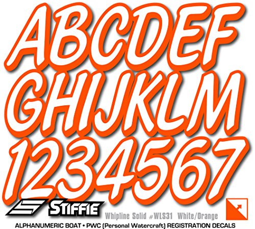 Image of STIFFIE Whipline Solid White /Orange 3 inch Alpha-Numeric Registration Identification Numbers Stickers Decals for Boats & Personal Watercraft