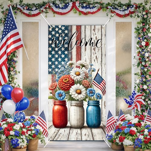 Image of BlissYard Patriotic Welcome Door Cover 71x35 Inch 4th of July Front Door Cover Decoration American Flag Floral Door Banner Red White Blue Daisy Independence Day Porch Door Cover