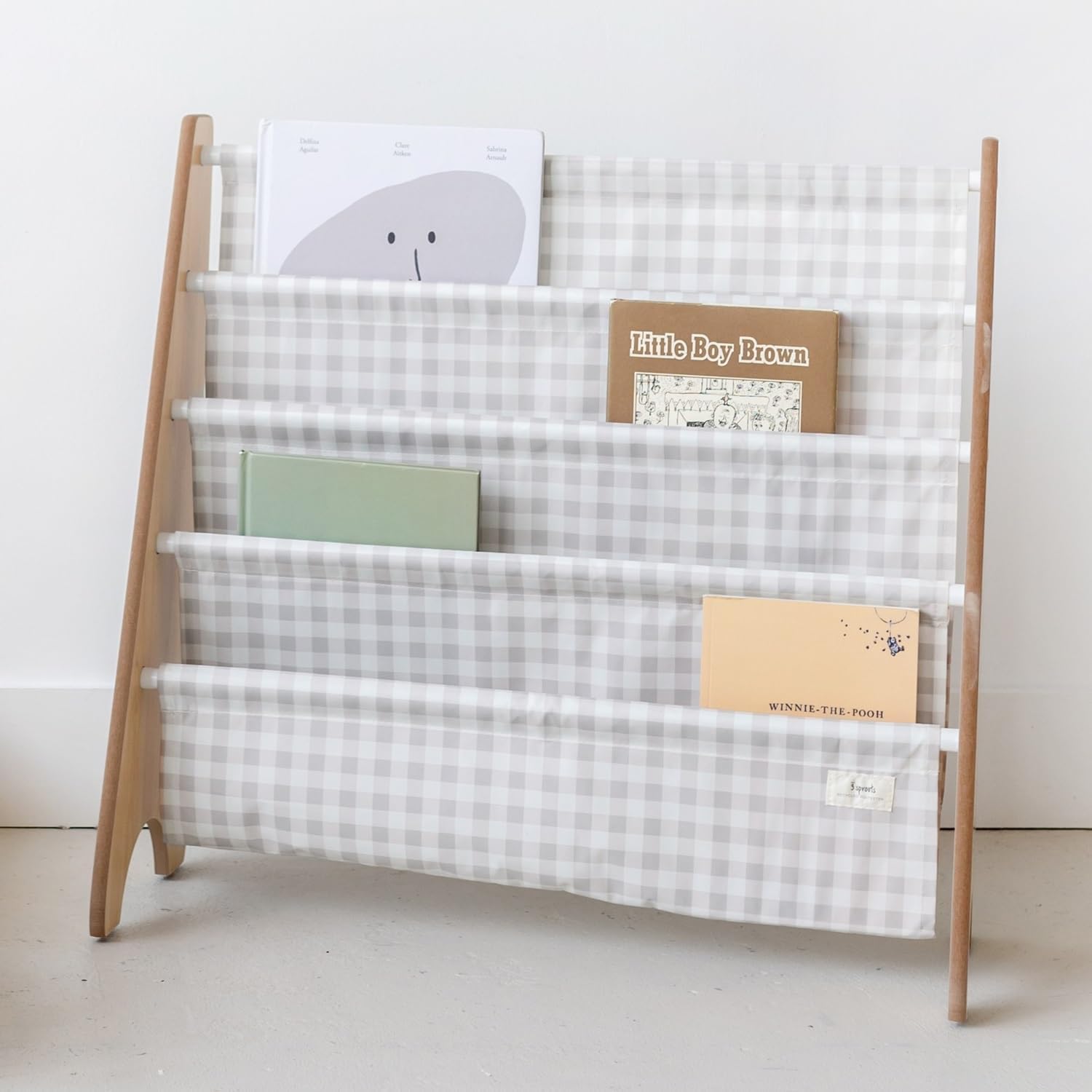 3 Sprouts Kids Bookshelf with Recycled Fabric - 4-Tier Sling Storage for Kids Rooms Holds 35 Titles - Toddler Organizer for Ages 3+ - Gingham Beige